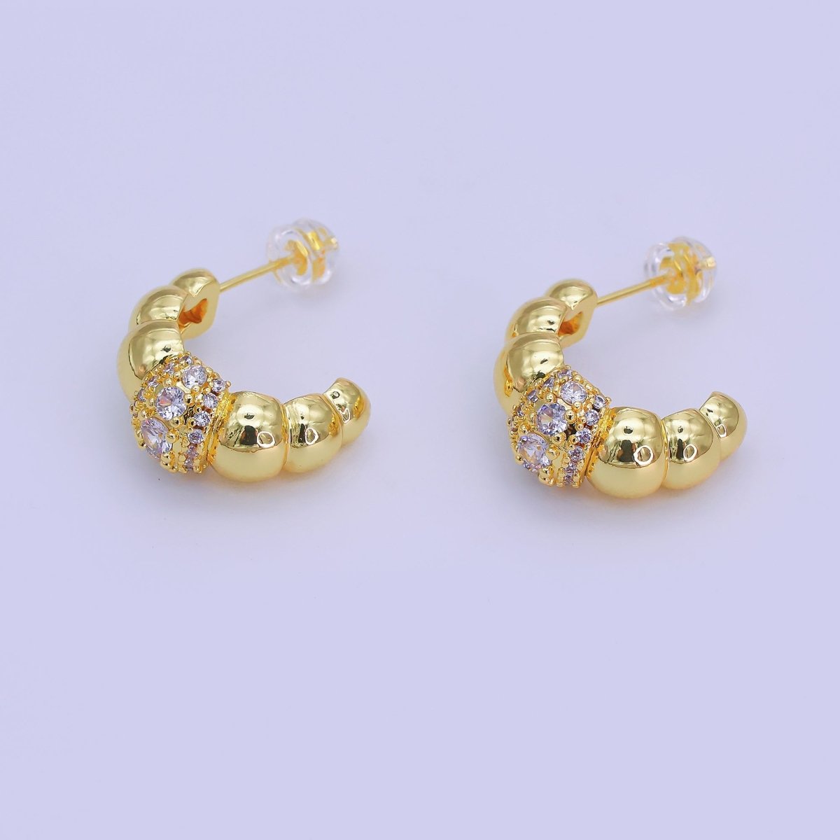 24K Gold Filled Micro Paved CZ Bubble Beaded C - Shaped Hoop Earrings | AI504 - DLUXCA