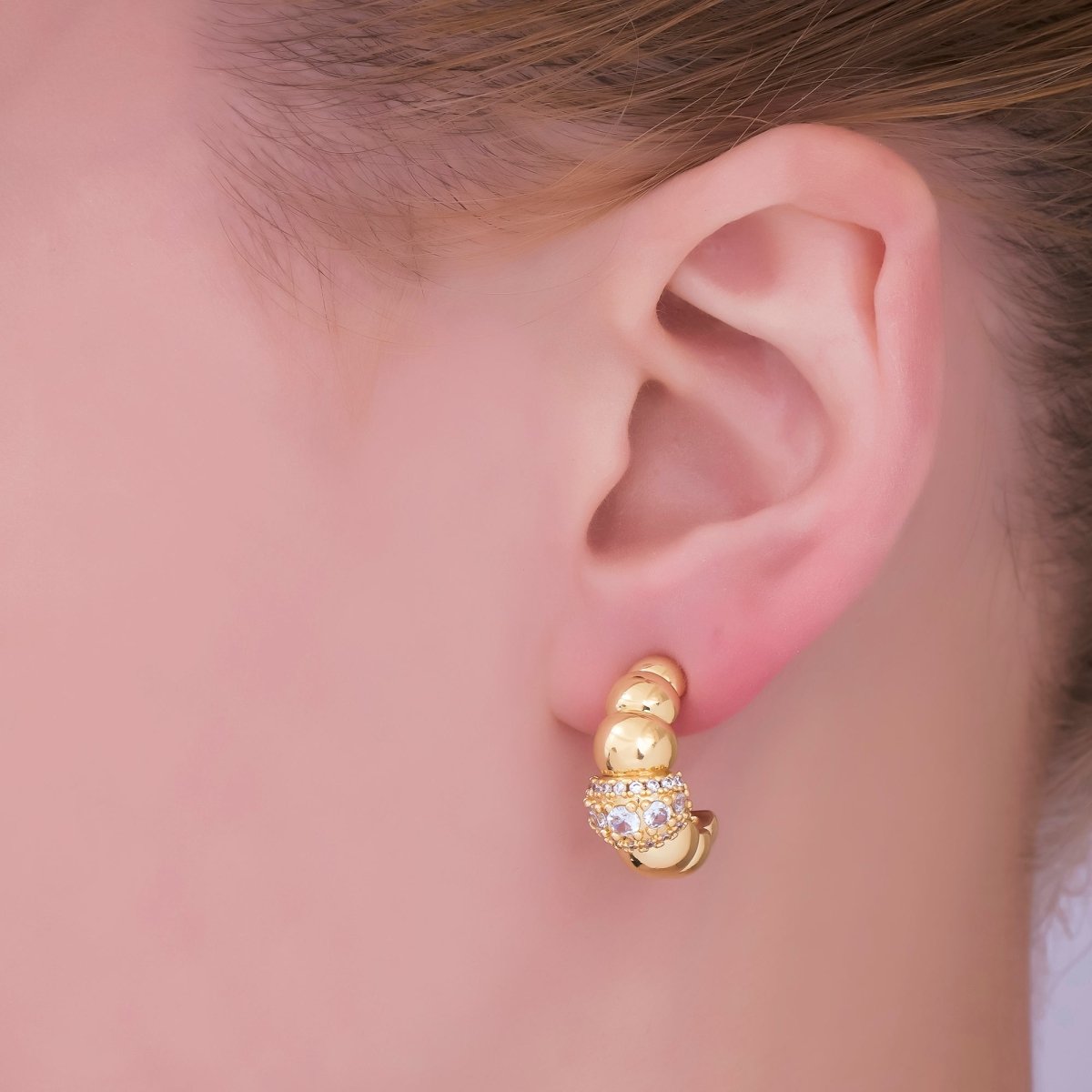 24K Gold Filled Micro Paved CZ Bubble Beaded C - Shaped Hoop Earrings | AI504 - DLUXCA