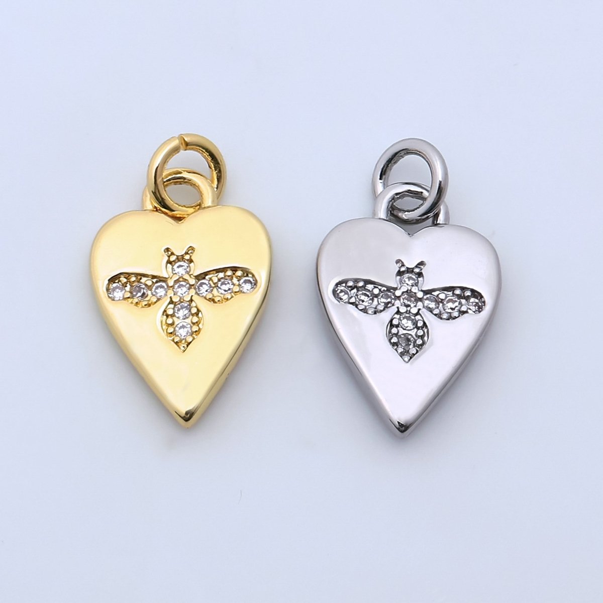 24K Gold Filled Micro Paved CZ Bumble Bee Heart Charm in Gold & Silver | M184 - DLUXCA