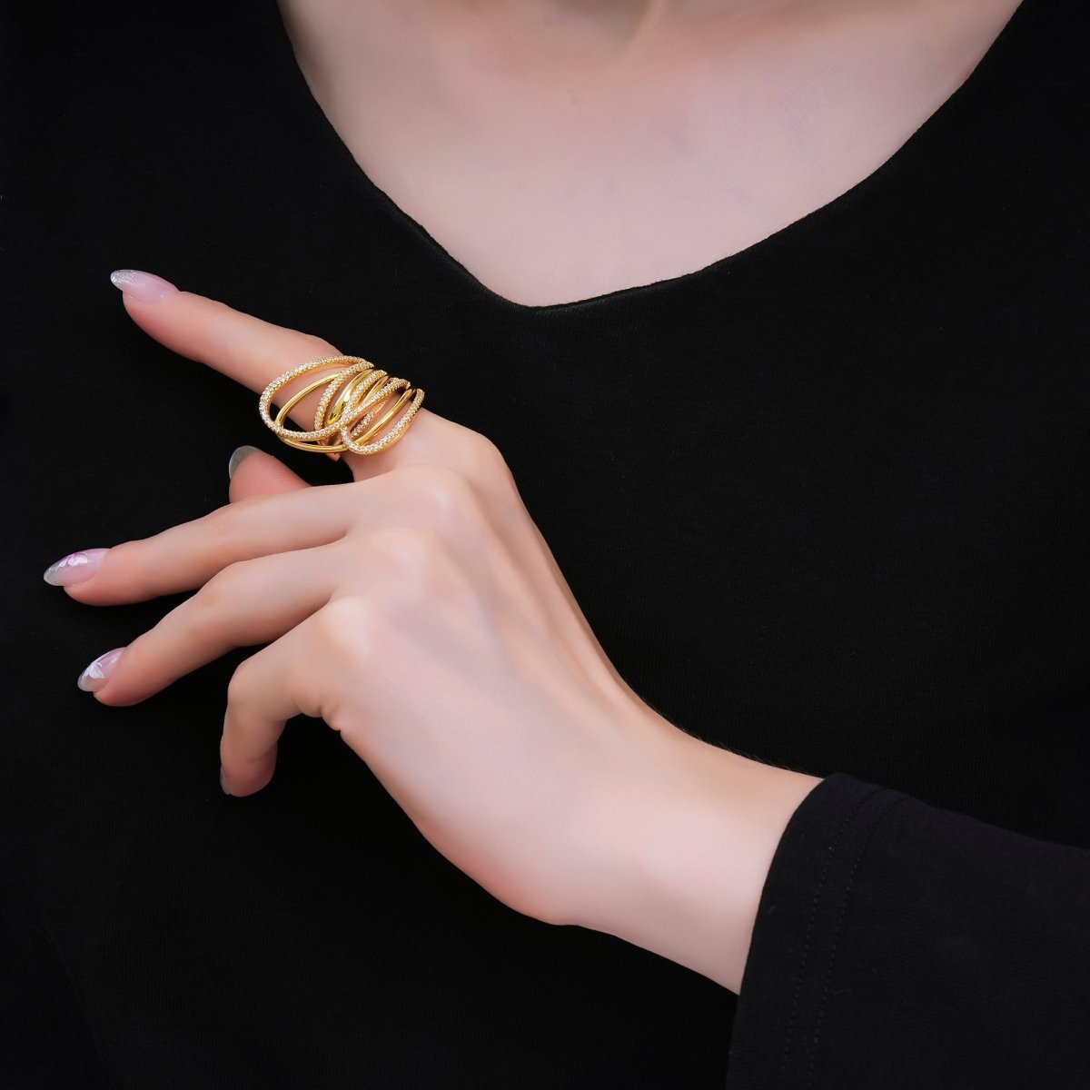 24K Gold Filled Micro Paved CZ Cascade Stackable Wave Adjustable Ring | O - 1477 - DLUXCA