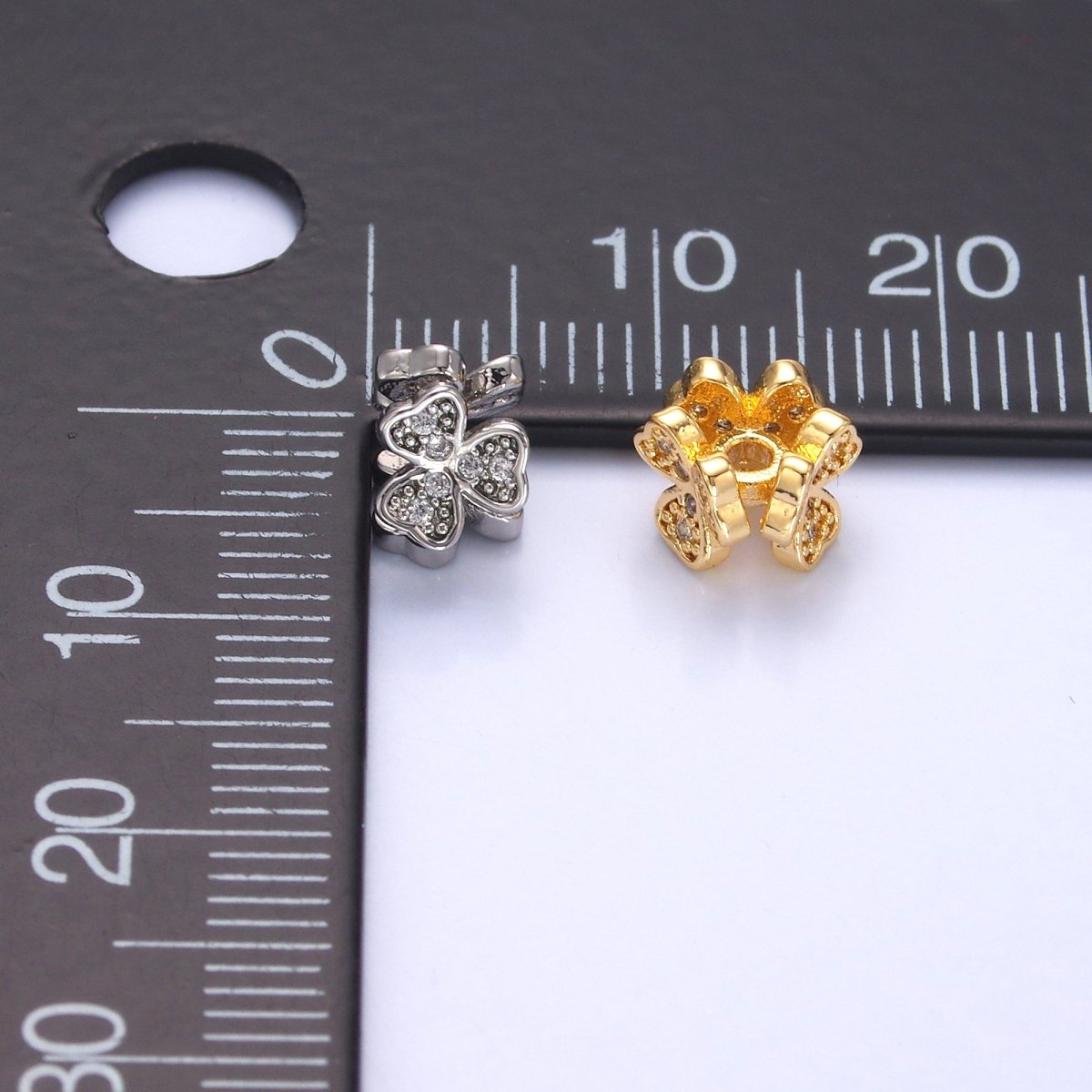24K Gold Filled Micro Paved CZ Clover Flower Bead in Gold & Silver | B647 - DLUXCA