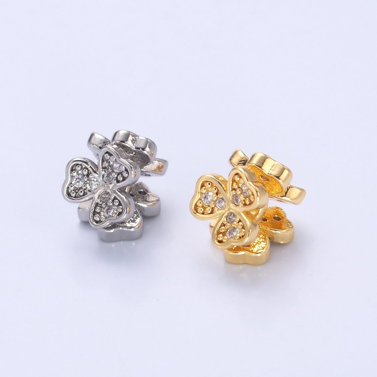 24K Gold Filled Micro Paved CZ Clover Flower Bead in Gold & Silver | B647 - DLUXCA