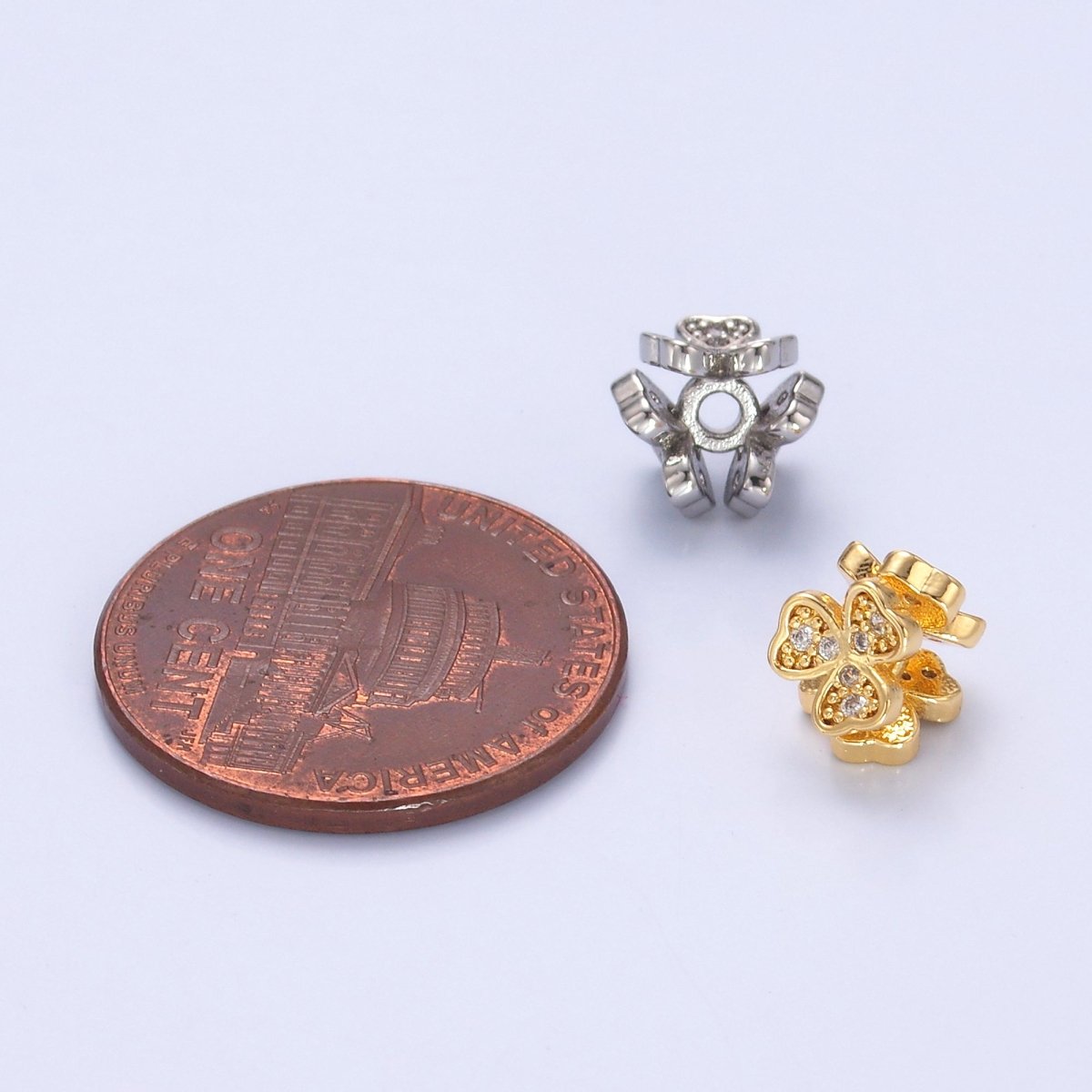 24K Gold Filled Micro Paved CZ Clover Flower Bead in Gold & Silver | B647 - DLUXCA