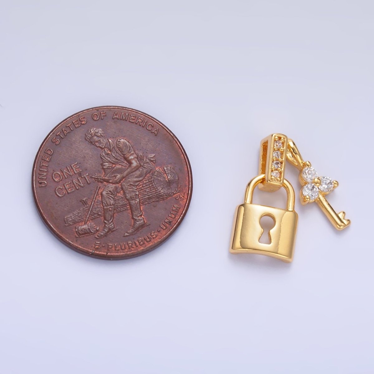 24K Gold Filled Micro Paved CZ Clover Key Padlock Pendant | AA1082 - DLUXCA