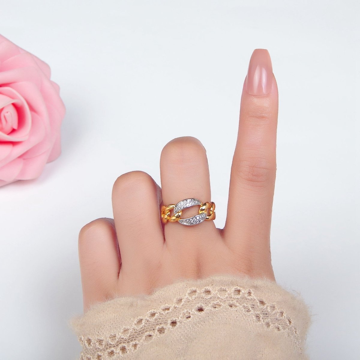 24K Gold Filled Micro Paved CZ Concave Curb Mixed Metal Ring | O1419 - DLUXCA