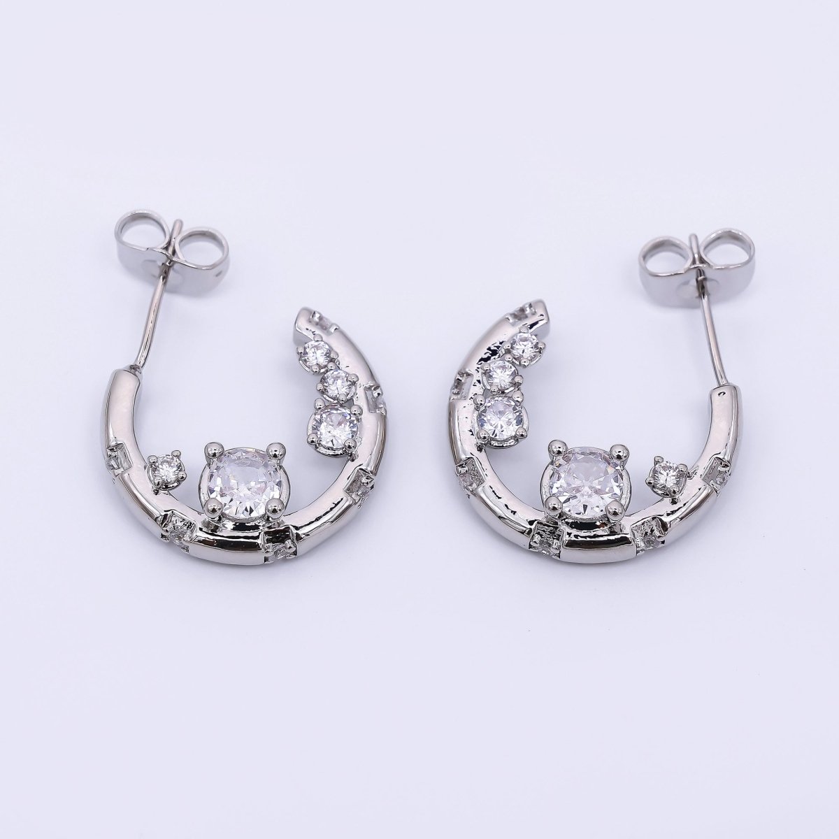 24K Gold Filled Micro Paved CZ Crescent C - Hoops Earrings in Gold & Silver | AJ - 079 AJ - 080 - DLUXCA