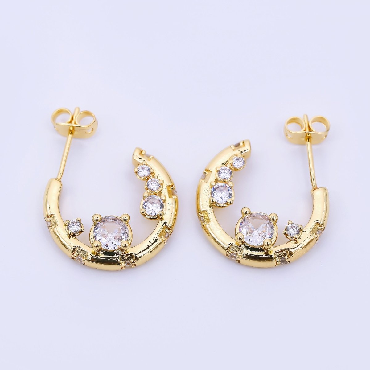24K Gold Filled Micro Paved CZ Crescent C - Hoops Earrings in Gold & Silver | AJ - 079 AJ - 080 - DLUXCA