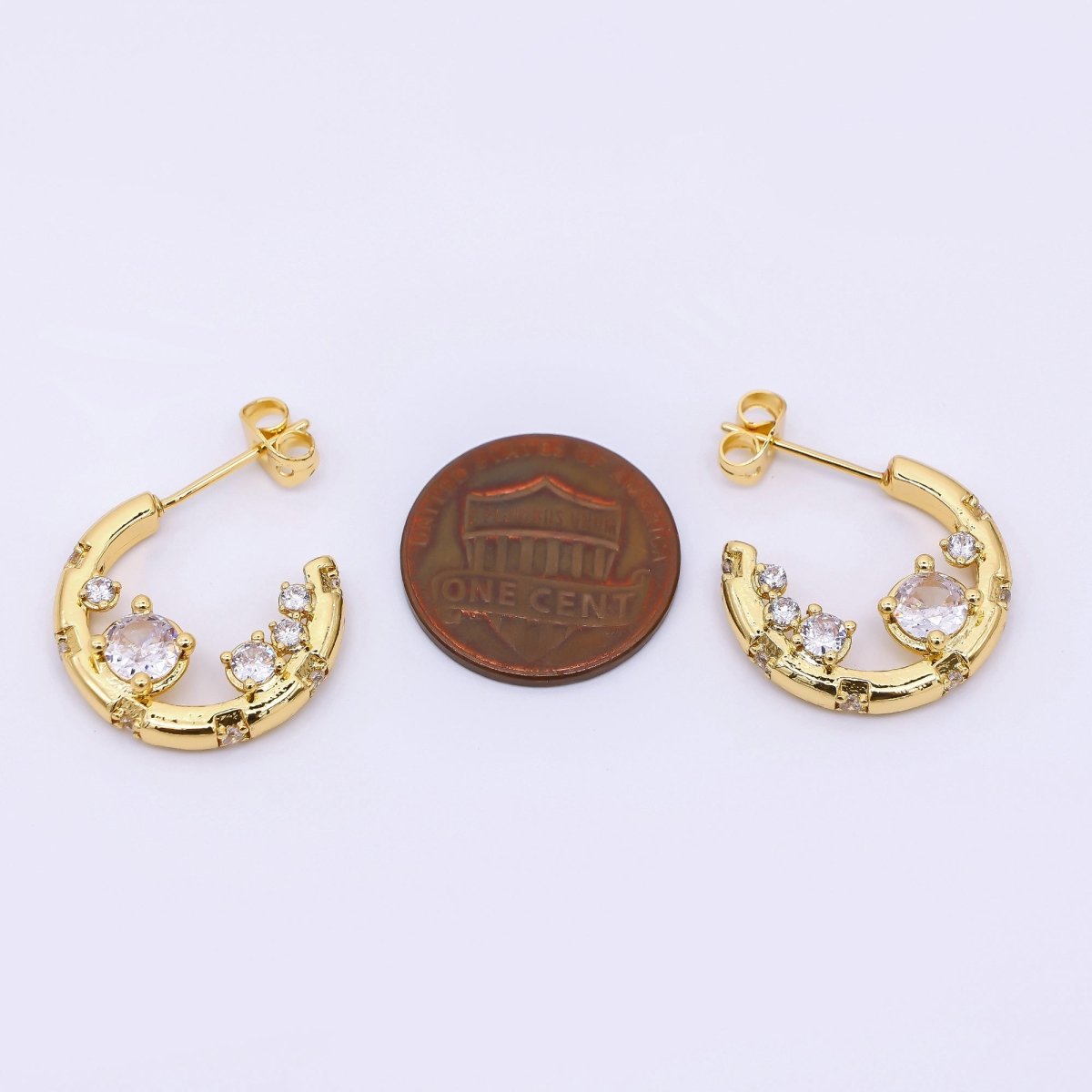 24K Gold Filled Micro Paved CZ Crescent C - Hoops Earrings in Gold & Silver | AJ - 079 AJ - 080 - DLUXCA