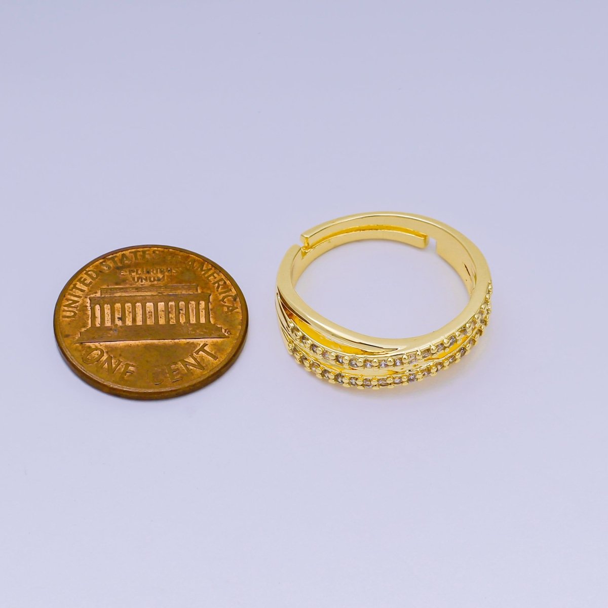 24K Gold Filled Micro Paved CZ Criss Cross Double Layer Adjustable Ring | O - 1450 - DLUXCA