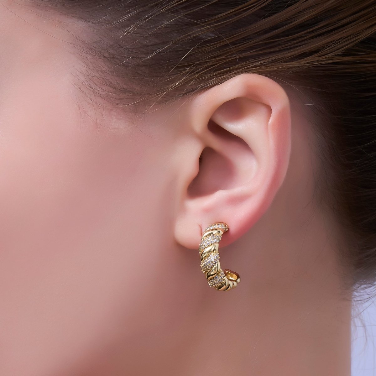 24K Gold Filled Micro Paved CZ Croissant C - Shaped Hoop Earrings | AE862 - DLUXCA