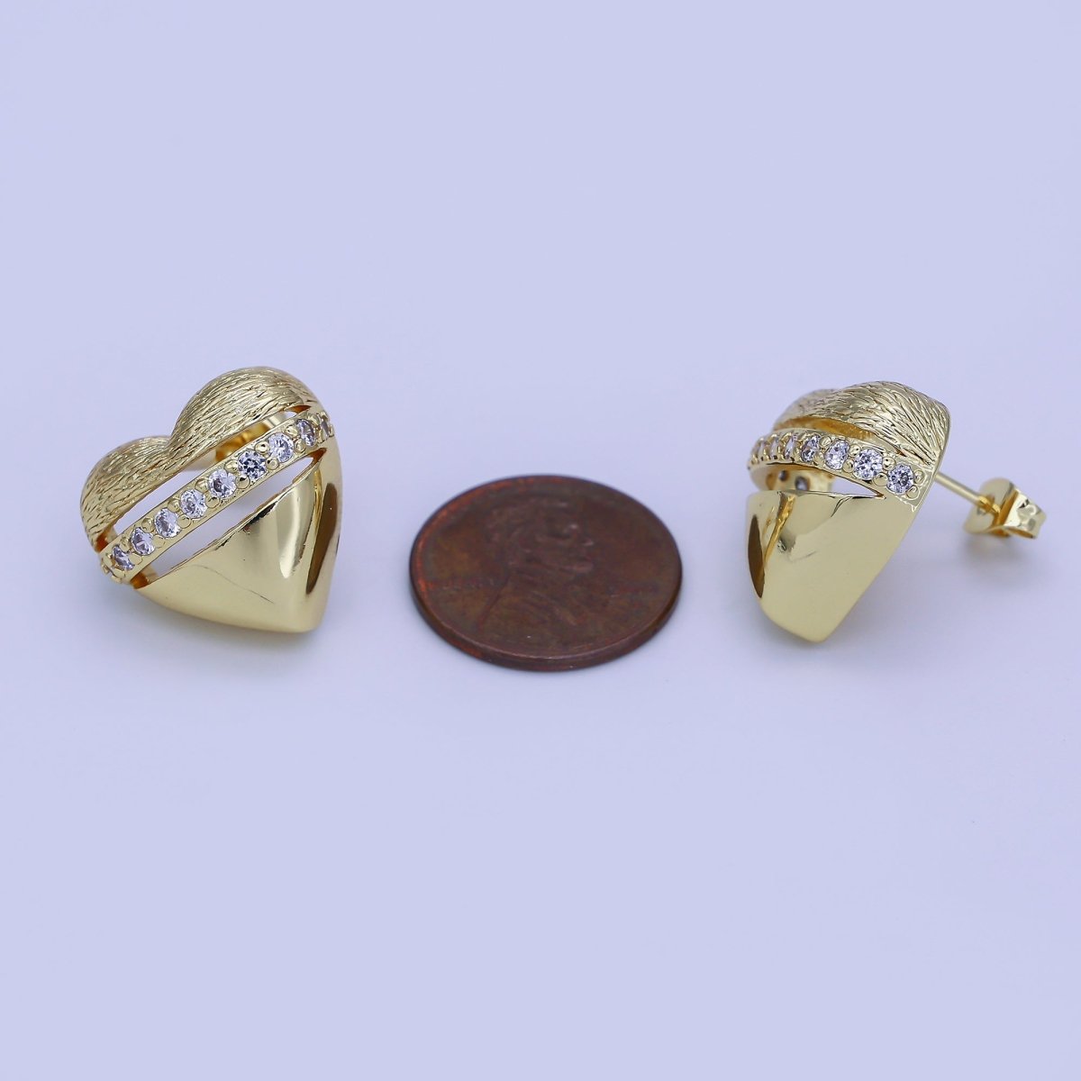 24K Gold Filled Micro Paved CZ Dome Lined Heart Stud Earrings | V154 - DLUXCA