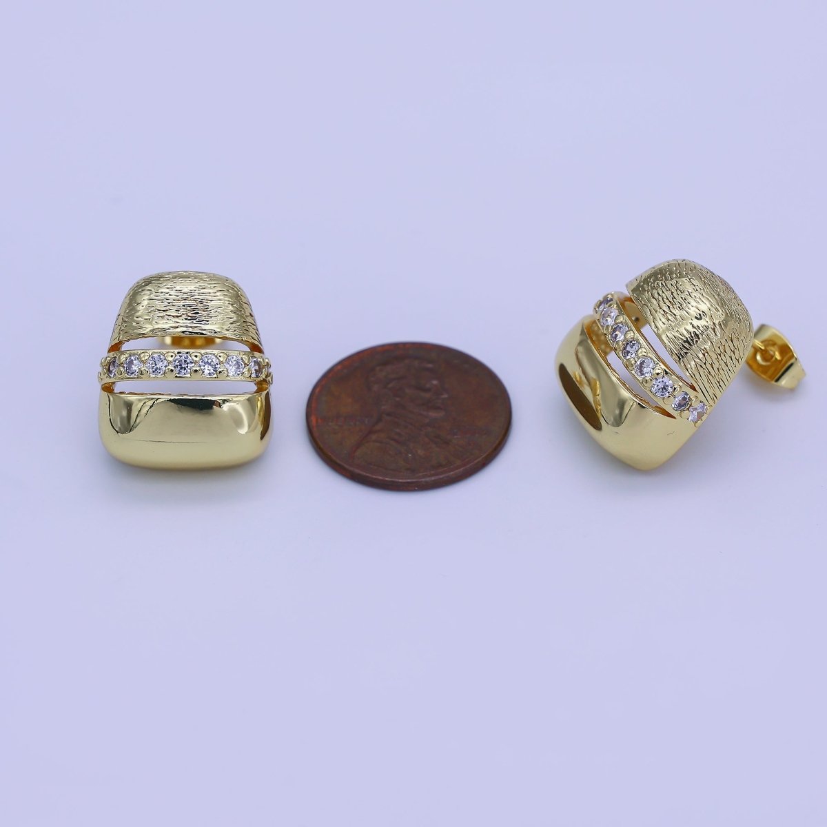 24K Gold Filled Micro Paved CZ Dome Lined Rectangular Stud Earrings | V275 - DLUXCA