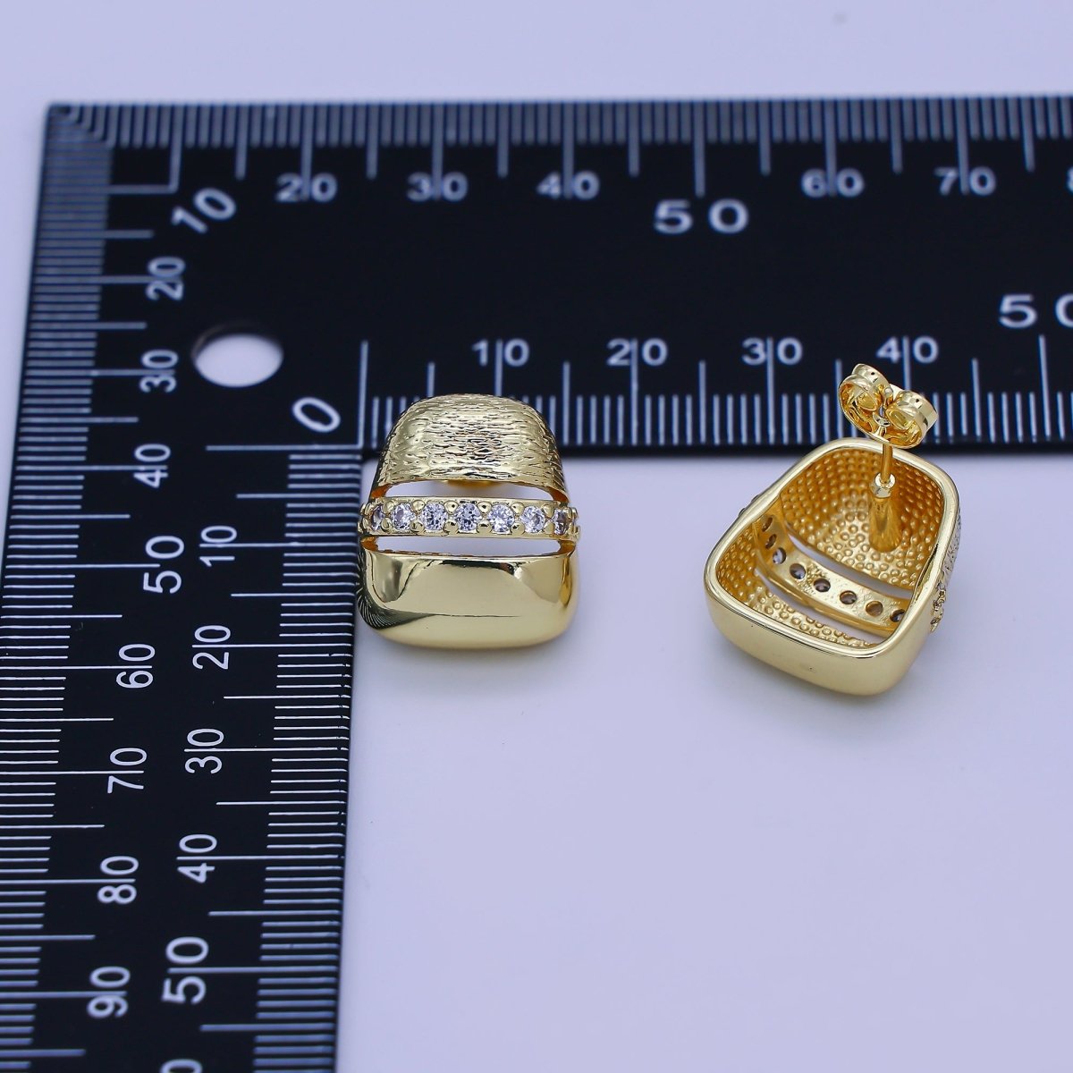 24K Gold Filled Micro Paved CZ Dome Lined Rectangular Stud Earrings | V275 - DLUXCA