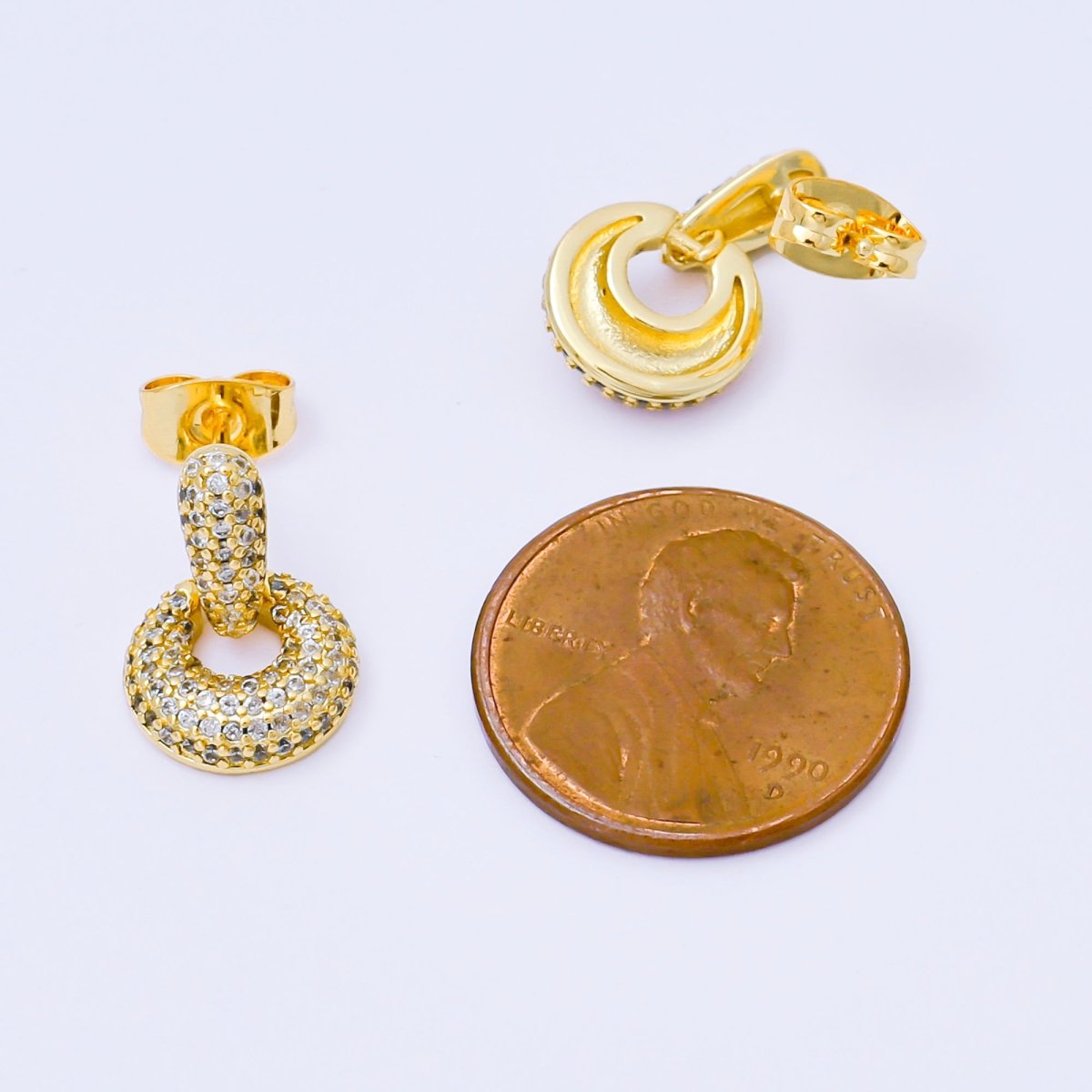 24K Gold Filled Micro Paved CZ Door Knocker Drop Stud Earrings in Gold & Silver | AJ127 AJ128 - DLUXCA