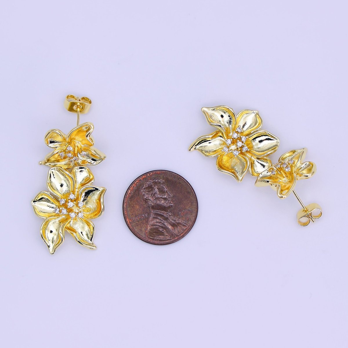 24K Gold Filled Micro Paved CZ Double Bloom Flower Stud Earrings | AJ - 0040 - DLUXCA
