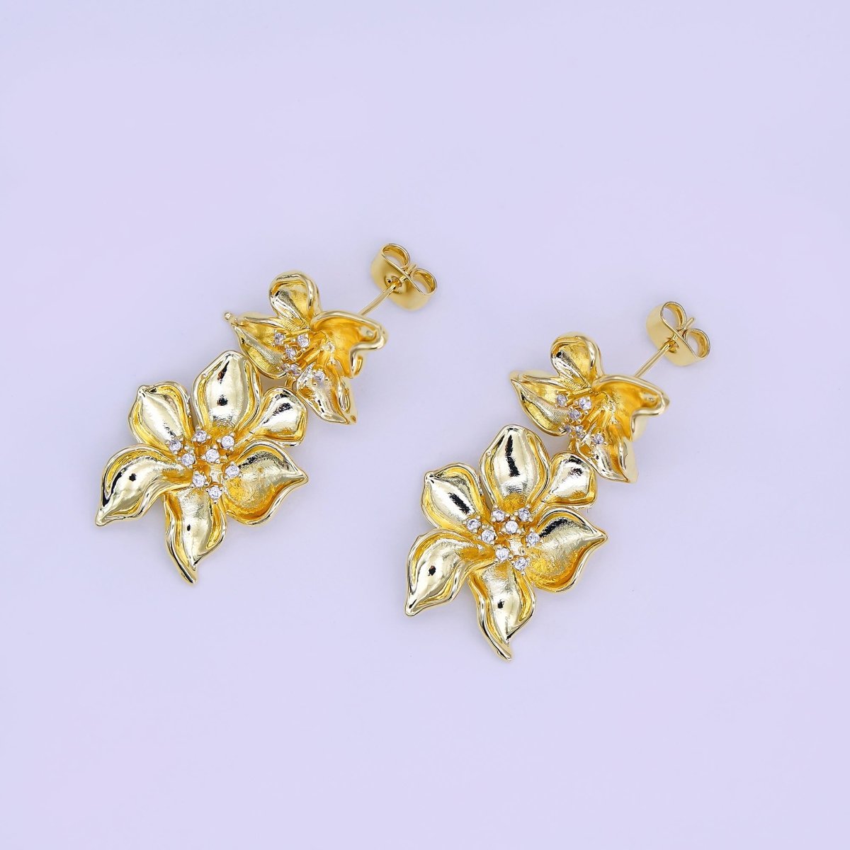 24K Gold Filled Micro Paved CZ Double Bloom Flower Stud Earrings | AJ - 0040 - DLUXCA
