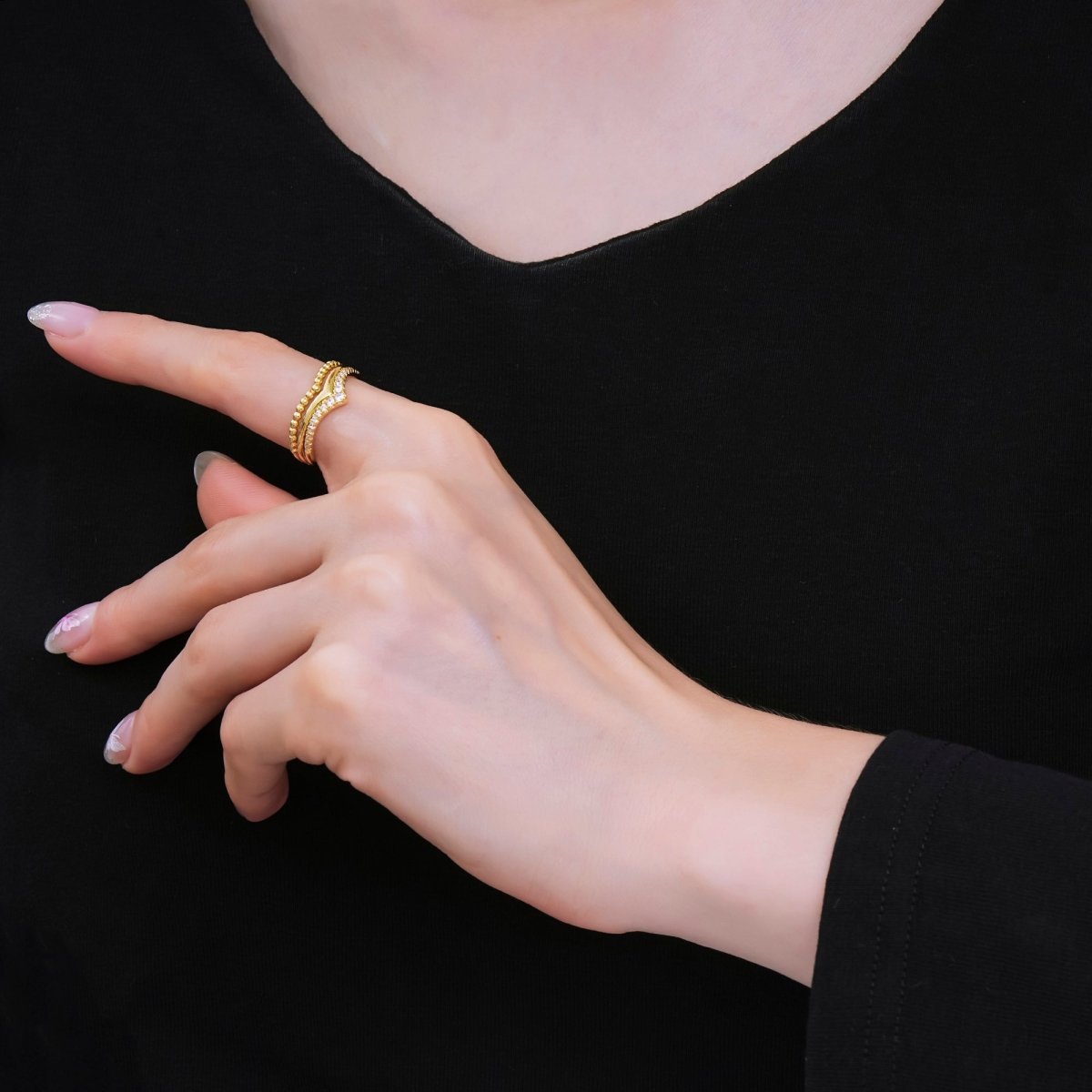 24K Gold Filled Micro Paved CZ Double Layer Beaded and CZ Crown Ring | O - 1448 - DLUXCA