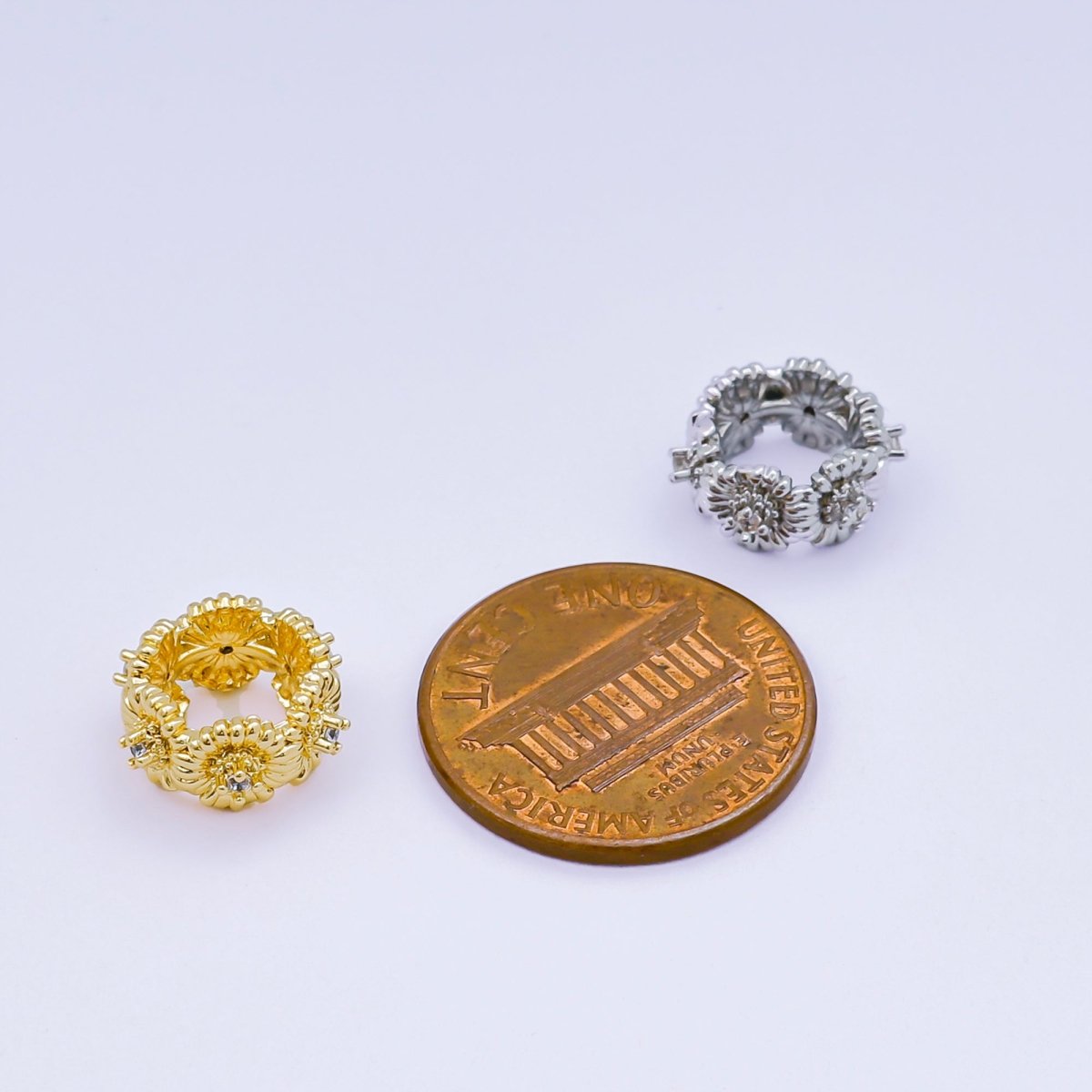 24K Gold Filled Micro Paved CZ Flower Sun Flower Barrel Bead Spacer in Silver & Gold | B008 - DLUXCA