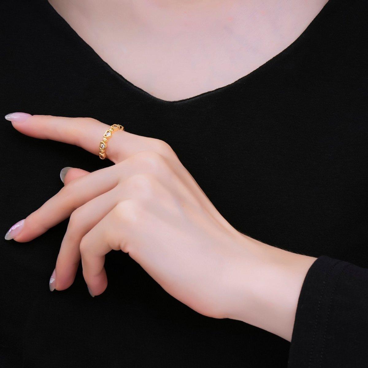 24K Gold Filled Micro Paved CZ Half - Circle Heart Adjustable Ring | O - 1454 - DLUXCA