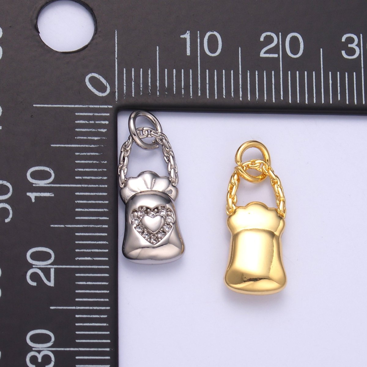 24K Gold Filled Micro Paved CZ Heart Bag Charm in Gold & Silver | C043 - DLUXCA