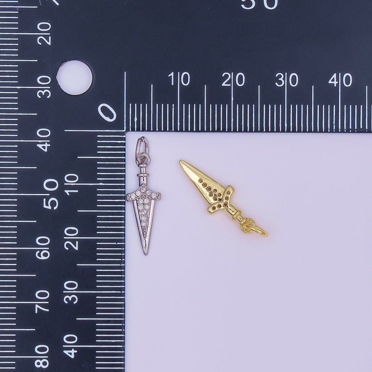 24K Gold Filled Micro Paved CZ Knife Blade Charm in Gold & Silver | AF429 - DLUXCA