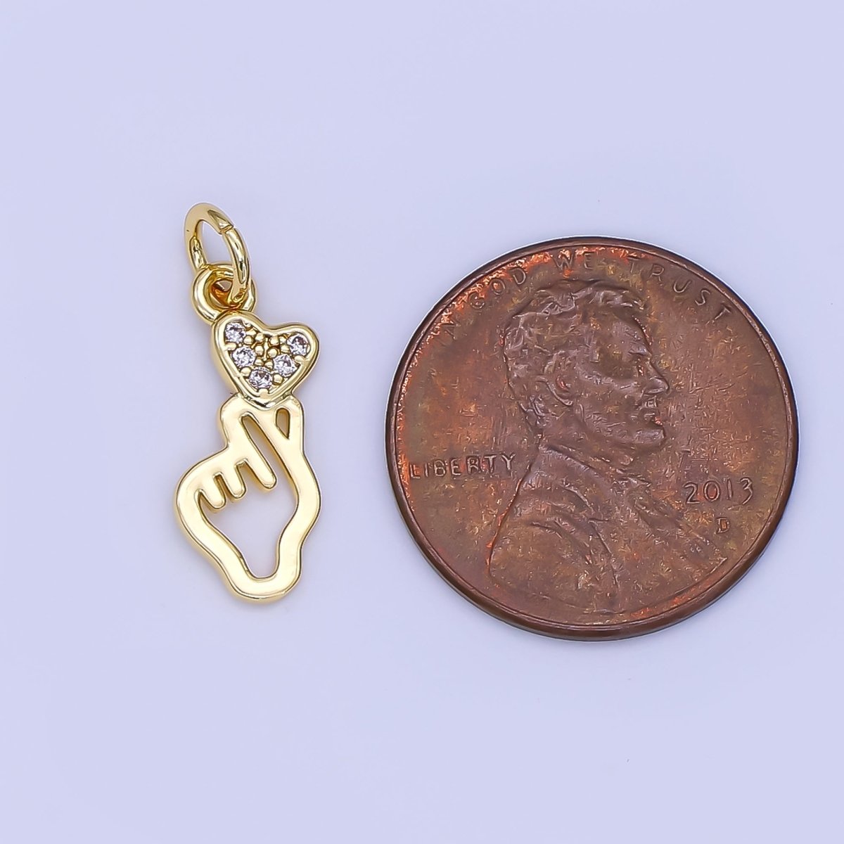 24K Gold Filled Micro Paved CZ Korean Love Heart Hand Gesture Charm | N1244 - DLUXCA