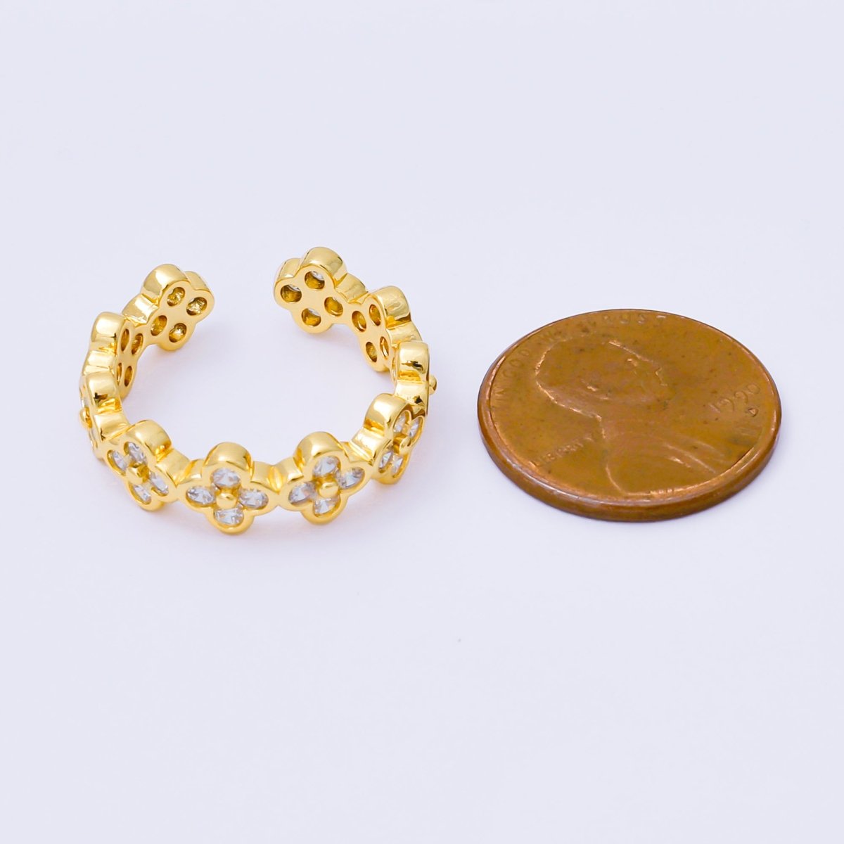24K Gold Filled Micro Paved CZ Lucky Clover Loop Round Open Ring | O069 - DLUXCA