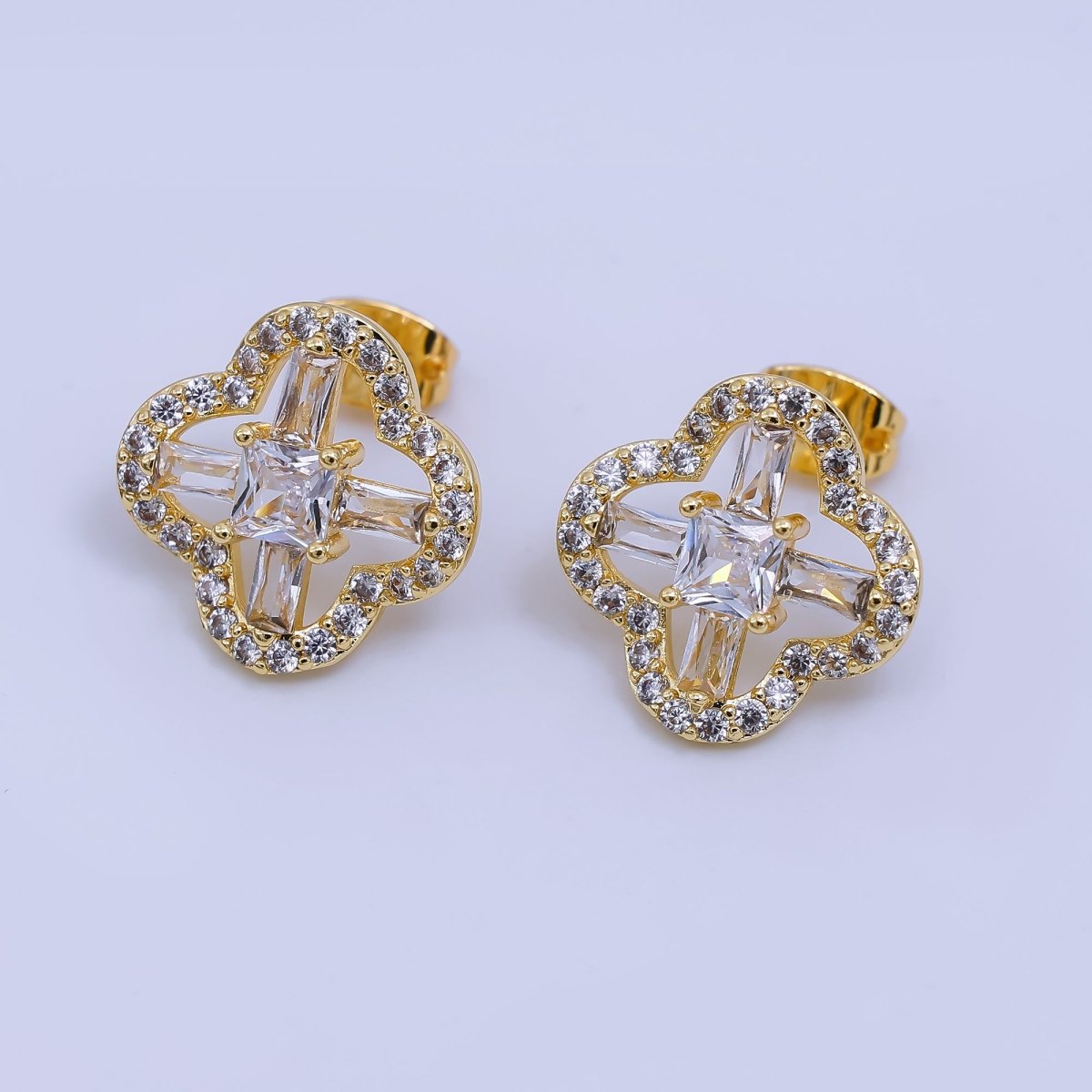 24K Gold Filled Micro Paved CZ Lucky Clover Stud Earrings | AJ - 042 - DLUXCA