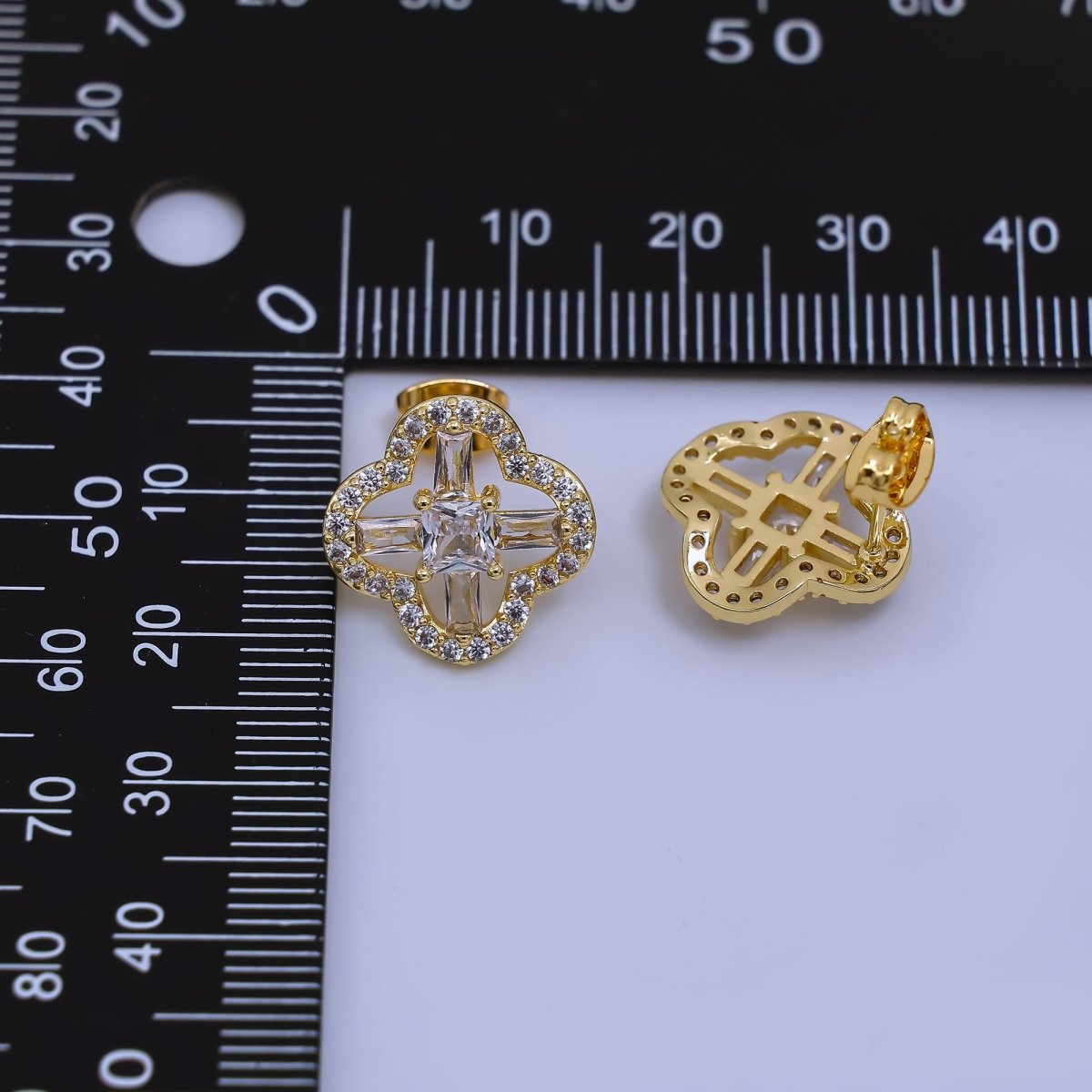 24K Gold Filled Micro Paved CZ Lucky Clover Stud Earrings | AJ - 042 - DLUXCA