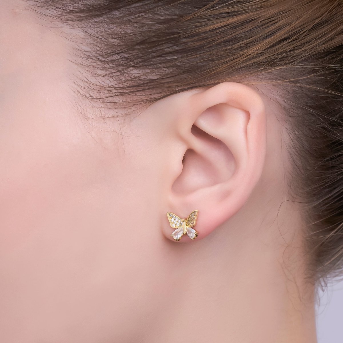 24K Gold Filled Micro Paved CZ Luxe Wings of Butterfly Stud Earrings in Gold & Silver | AI527 AI528 - DLUXCA