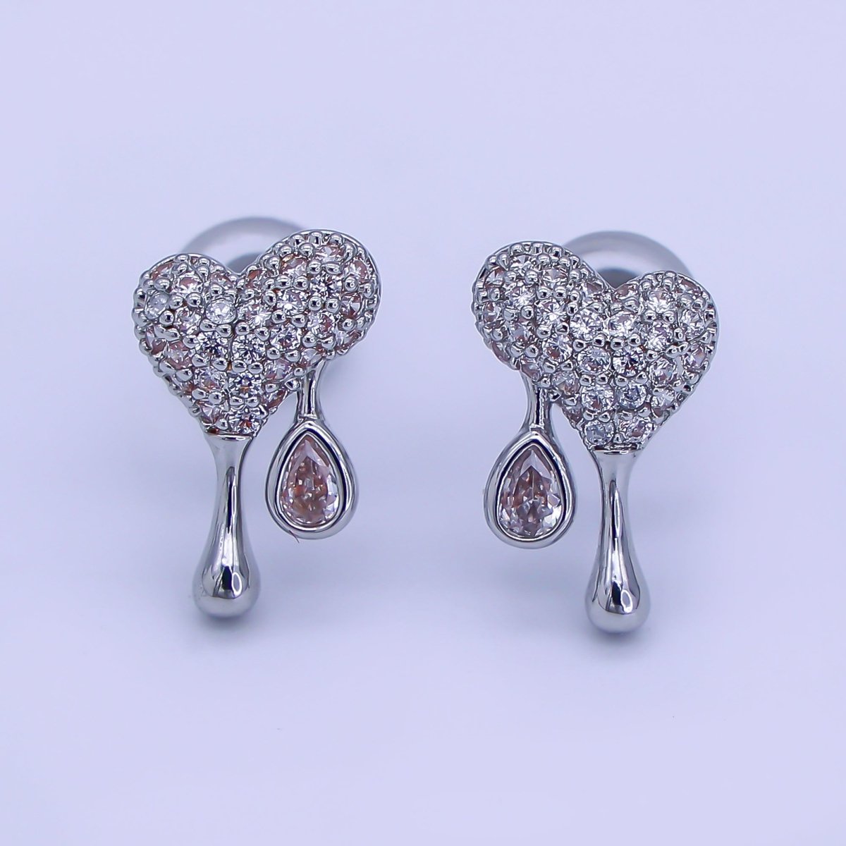 24K Gold Filled Micro Paved CZ Molten Drip Heart Stud Earrings in Gold & Silver | AE755 - DLUXCA