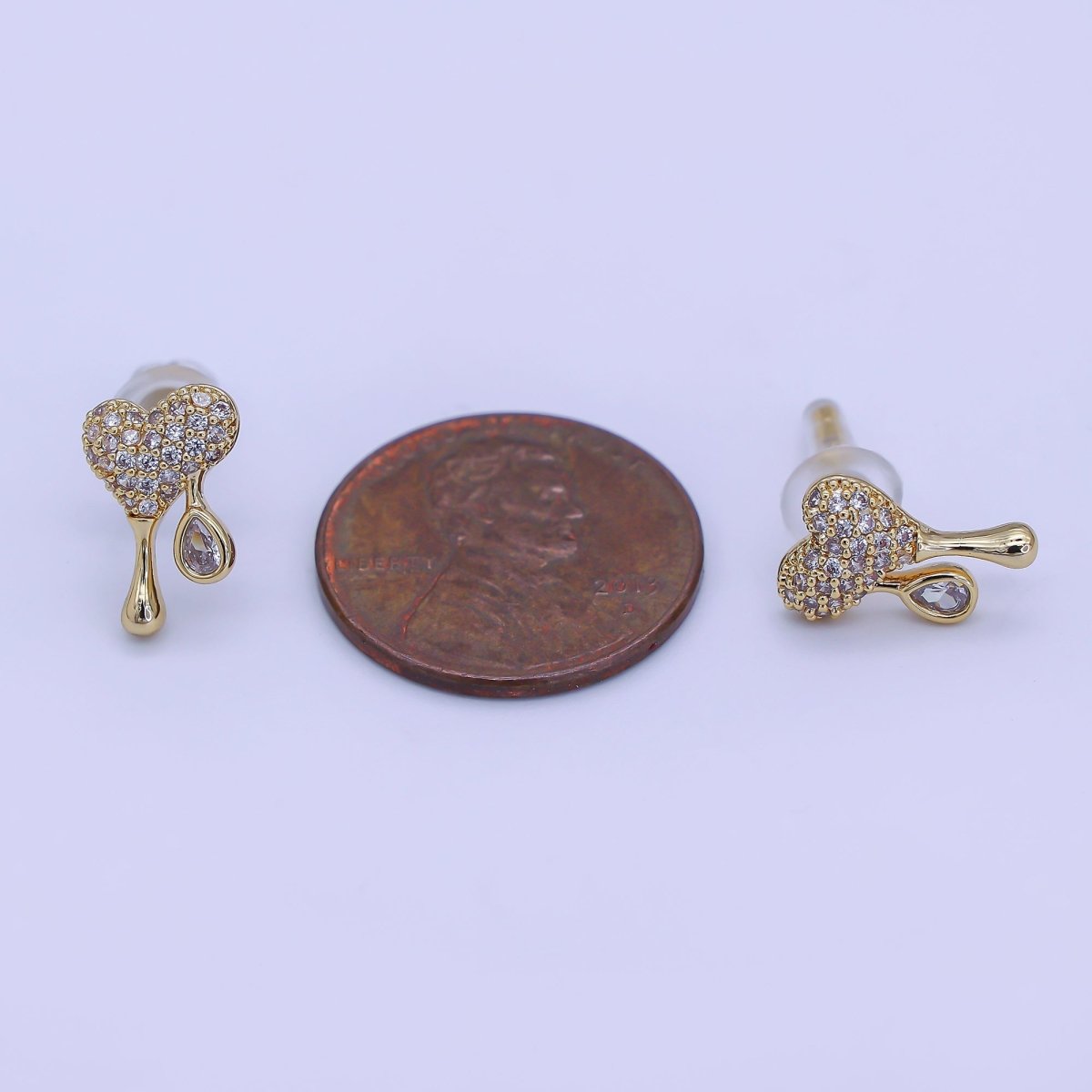 24K Gold Filled Micro Paved CZ Molten Drip Heart Stud Earrings in Gold & Silver | AE755 - DLUXCA
