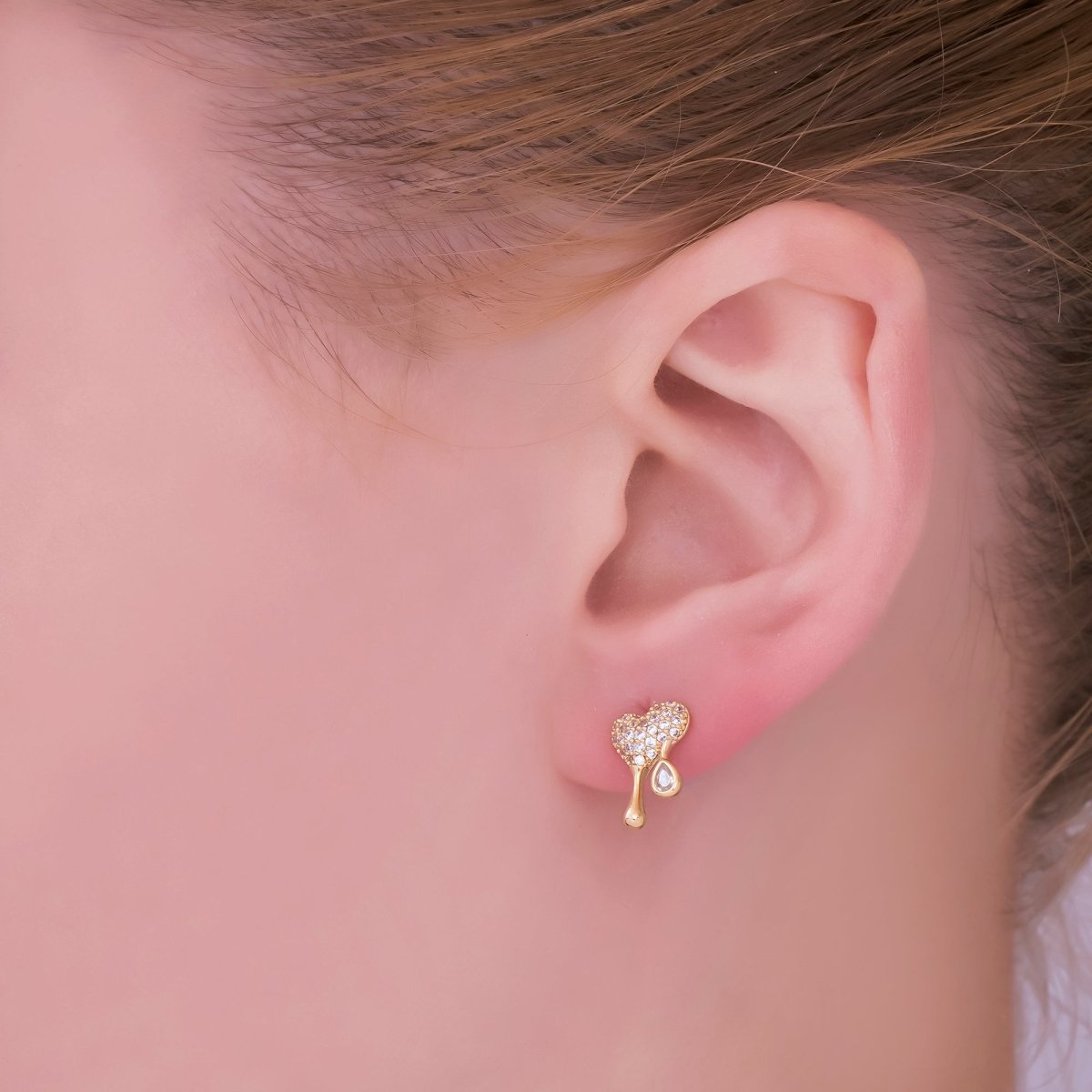 24K Gold Filled Micro Paved CZ Molten Drip Heart Stud Earrings in Gold & Silver | AE755 - DLUXCA