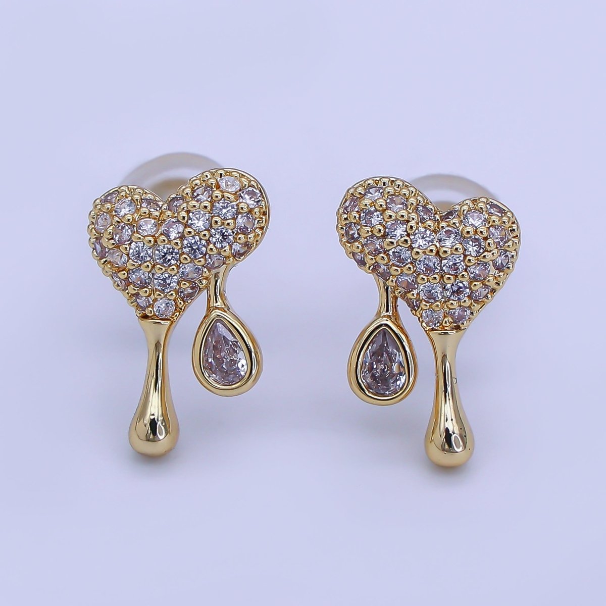 24K Gold Filled Micro Paved CZ Molten Drip Heart Stud Earrings in Gold & Silver | AE755 - DLUXCA