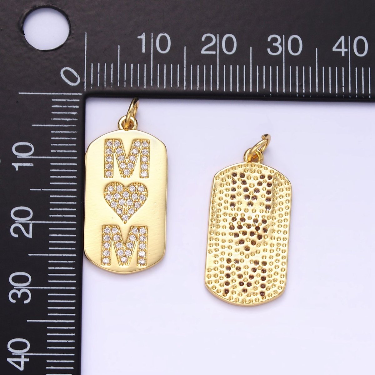 24K Gold Filled Micro Paved CZ "MOM" Oblong Tag Charm | AJ287 - DLUXCA