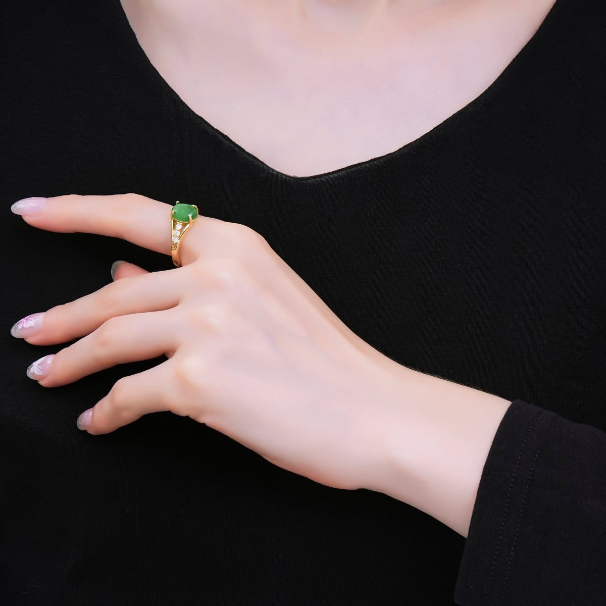 24K Gold Filled Micro Paved CZ Natural Gemstone Jade Dainty Circle Centerpoint Solitaire Adjustable Ring | O - 1481 - DLUXCA