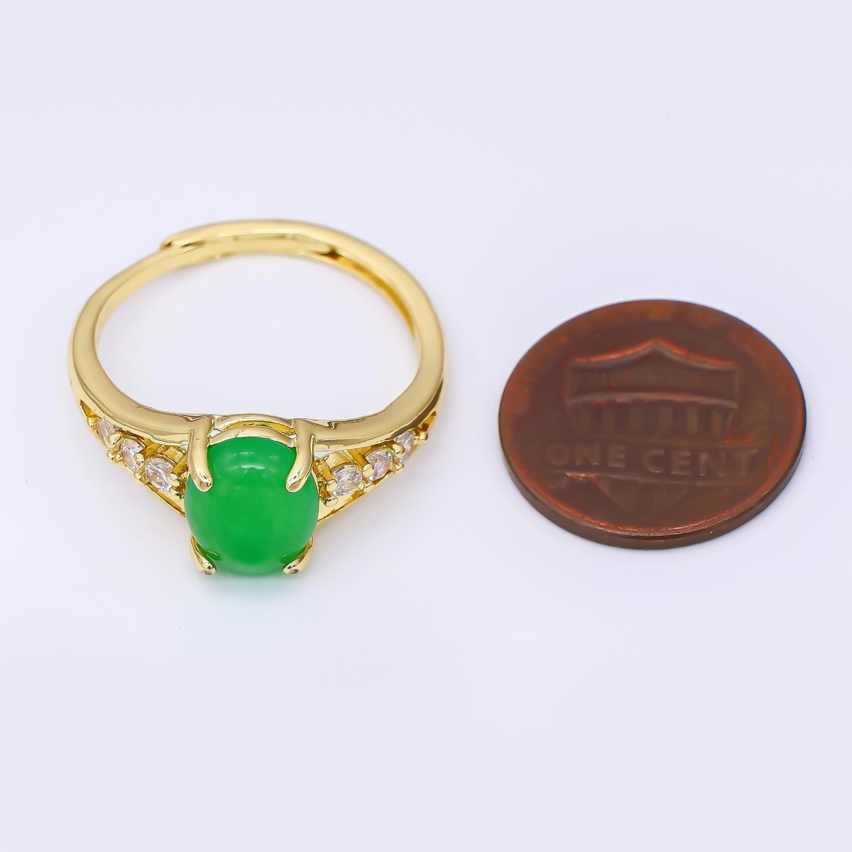 24K Gold Filled Micro Paved CZ Natural Gemstone Jade Dainty Circle Centerpoint Solitaire Adjustable Ring | O - 1481 - DLUXCA