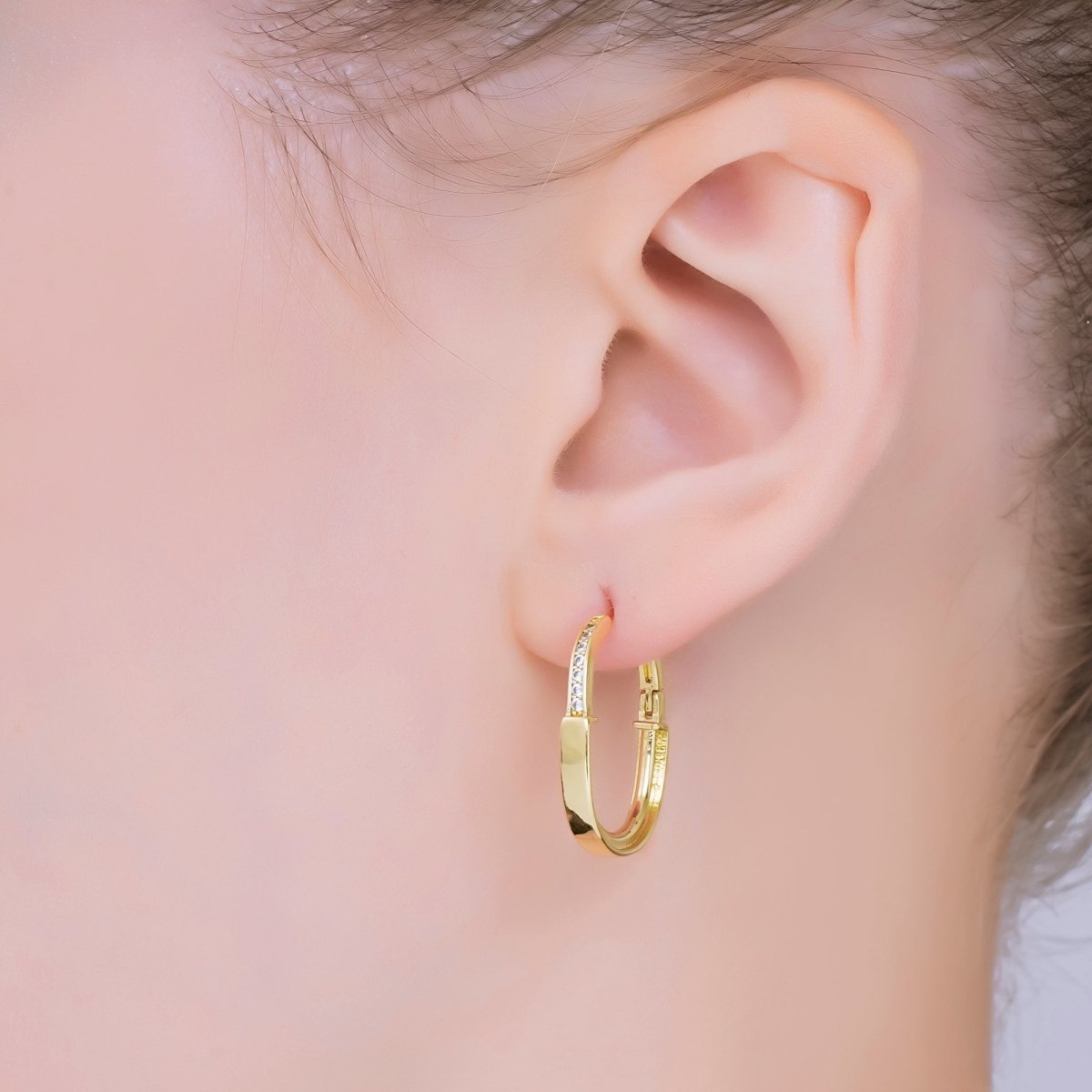 24K Gold Filled Micro Paved CZ Oblong Oval Hinged Hoops Earrings | AJ - 054 - DLUXCA