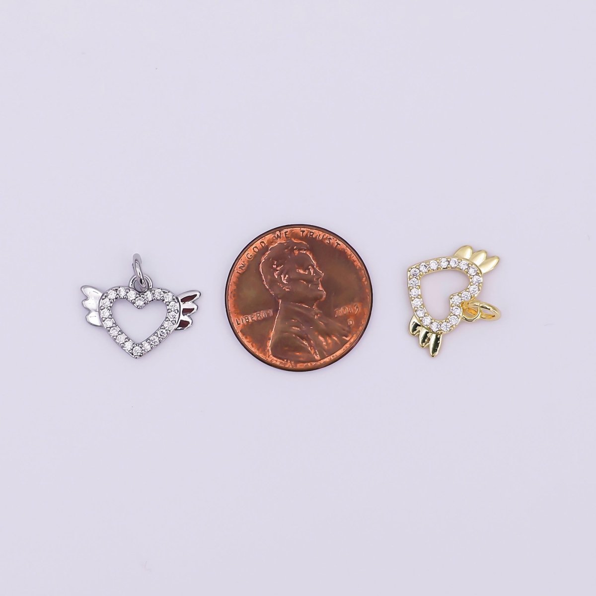 24K Gold Filled Micro Paved CZ Open Heart Wings Mini Charm in Gold & Silver | AJ298 - DLUXCA