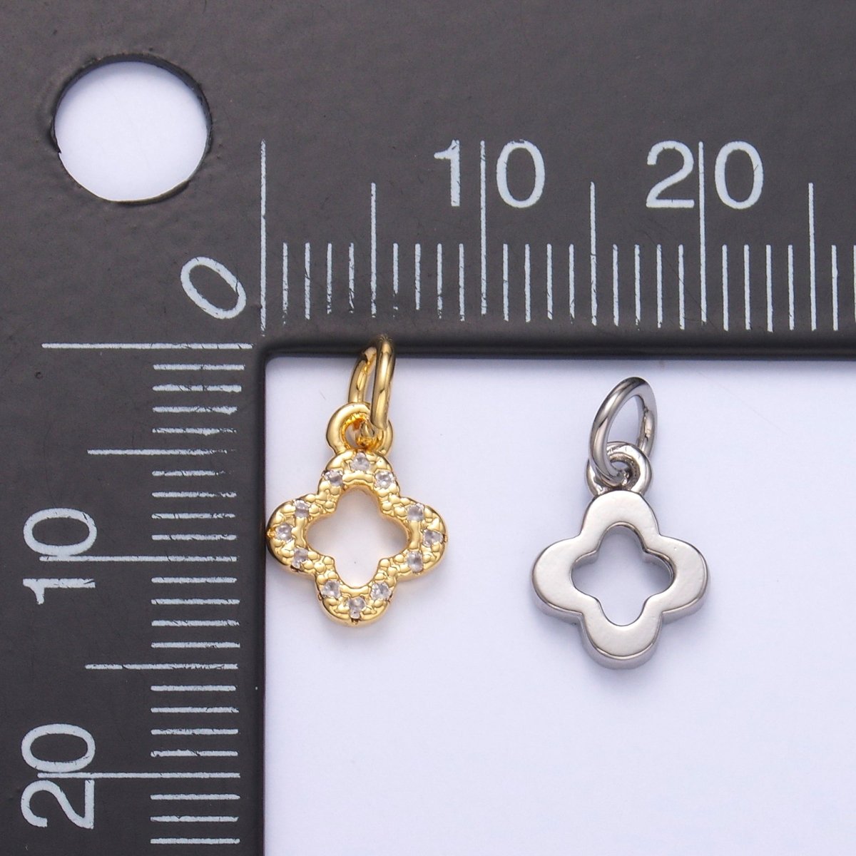24K Gold Filled Micro Paved CZ Open Quatrefoil Clover Charm in Gold & Silver | N012 - DLUXCA