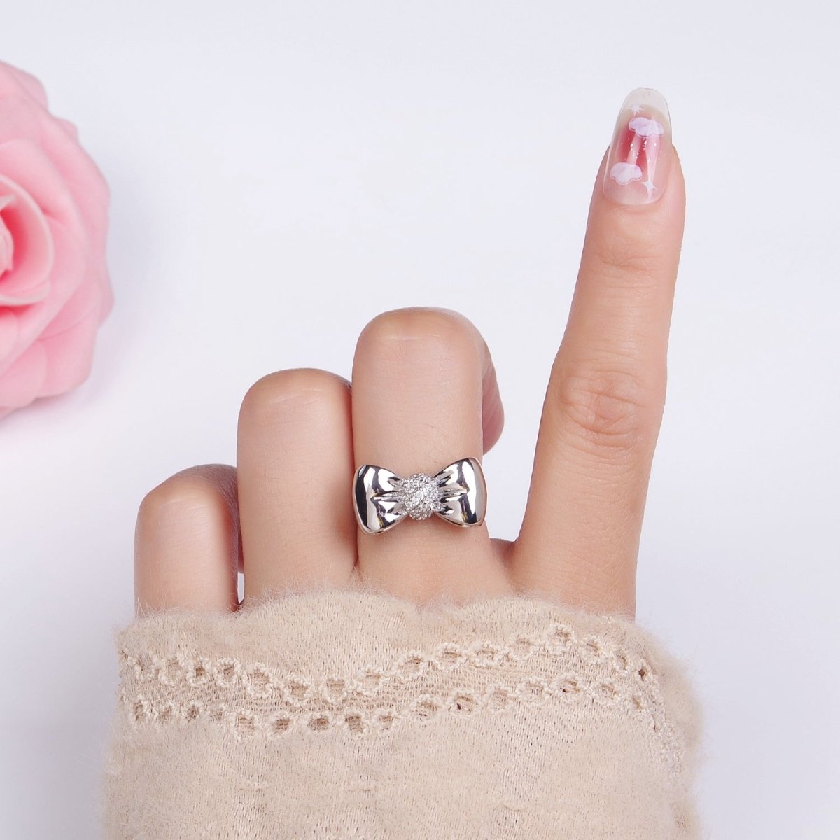 24K Gold Filled Micro Paved CZ Puffed Ribbon Bow Ring in Gold & Silver | R150 R151 - DLUXCA