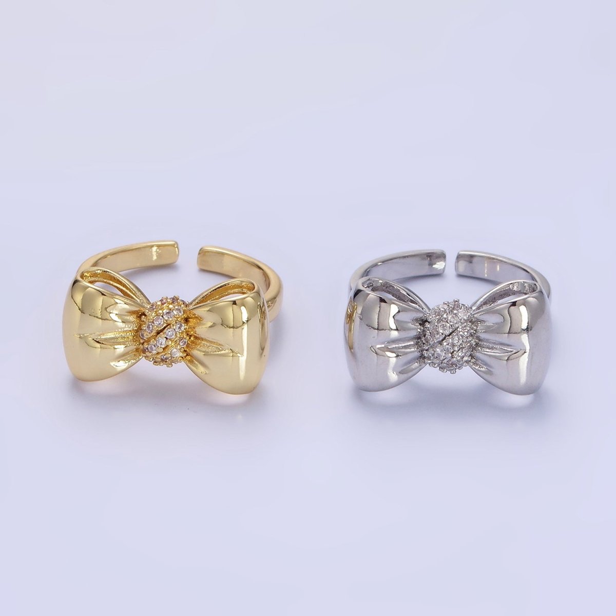 24K Gold Filled Micro Paved CZ Puffed Ribbon Bow Ring in Gold & Silver | R150 R151 - DLUXCA