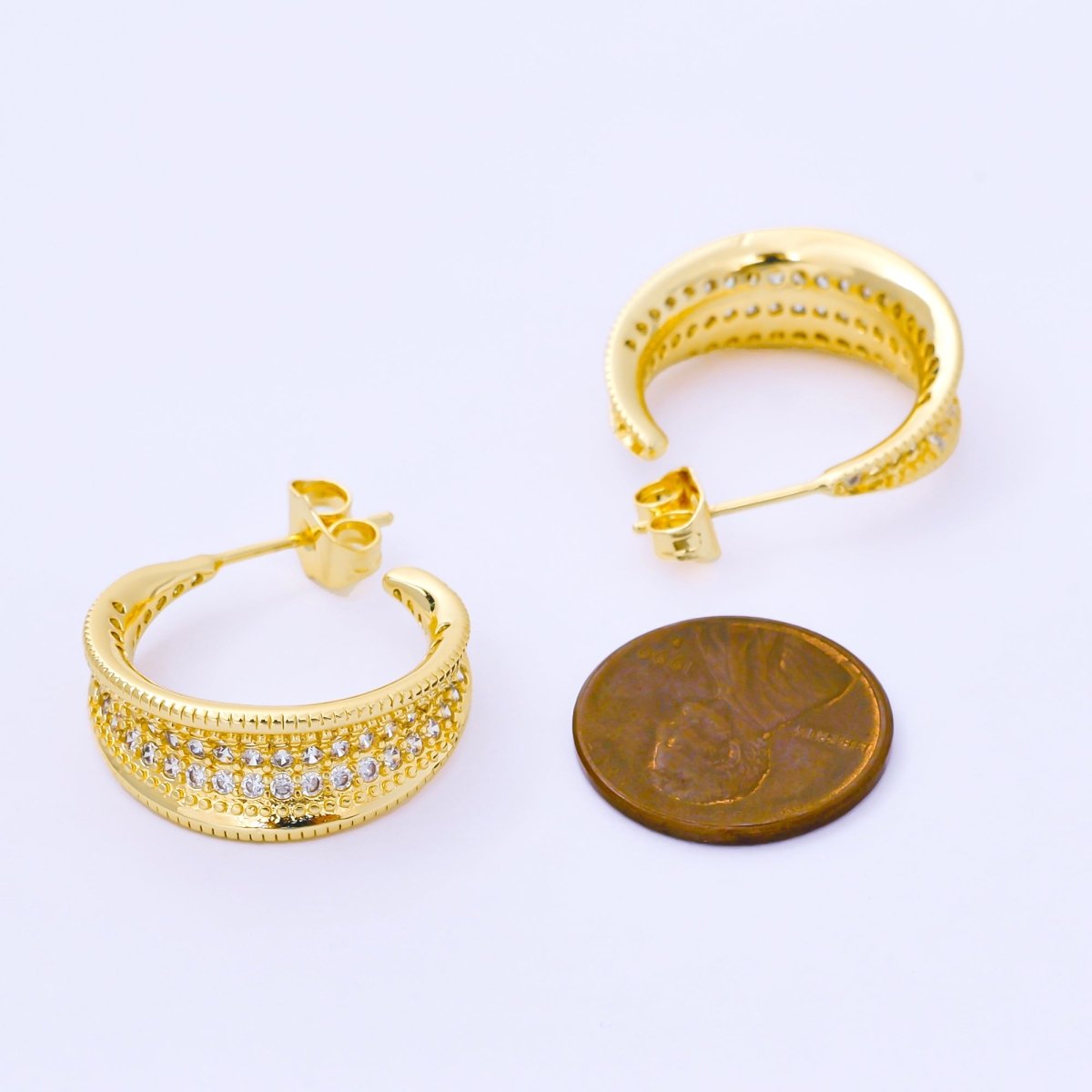 24K Gold Filled Micro Paved CZ Ribbed C - Shaped Hoop Earrings | AB1604 - DLUXCA