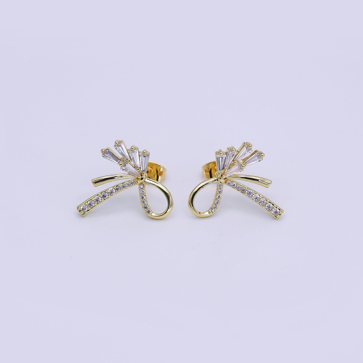 24K Gold Filled Micro Paved CZ Ribbon Bow Stud Earrings in Gold & Silver | AJ022 AJ023 - DLUXCA