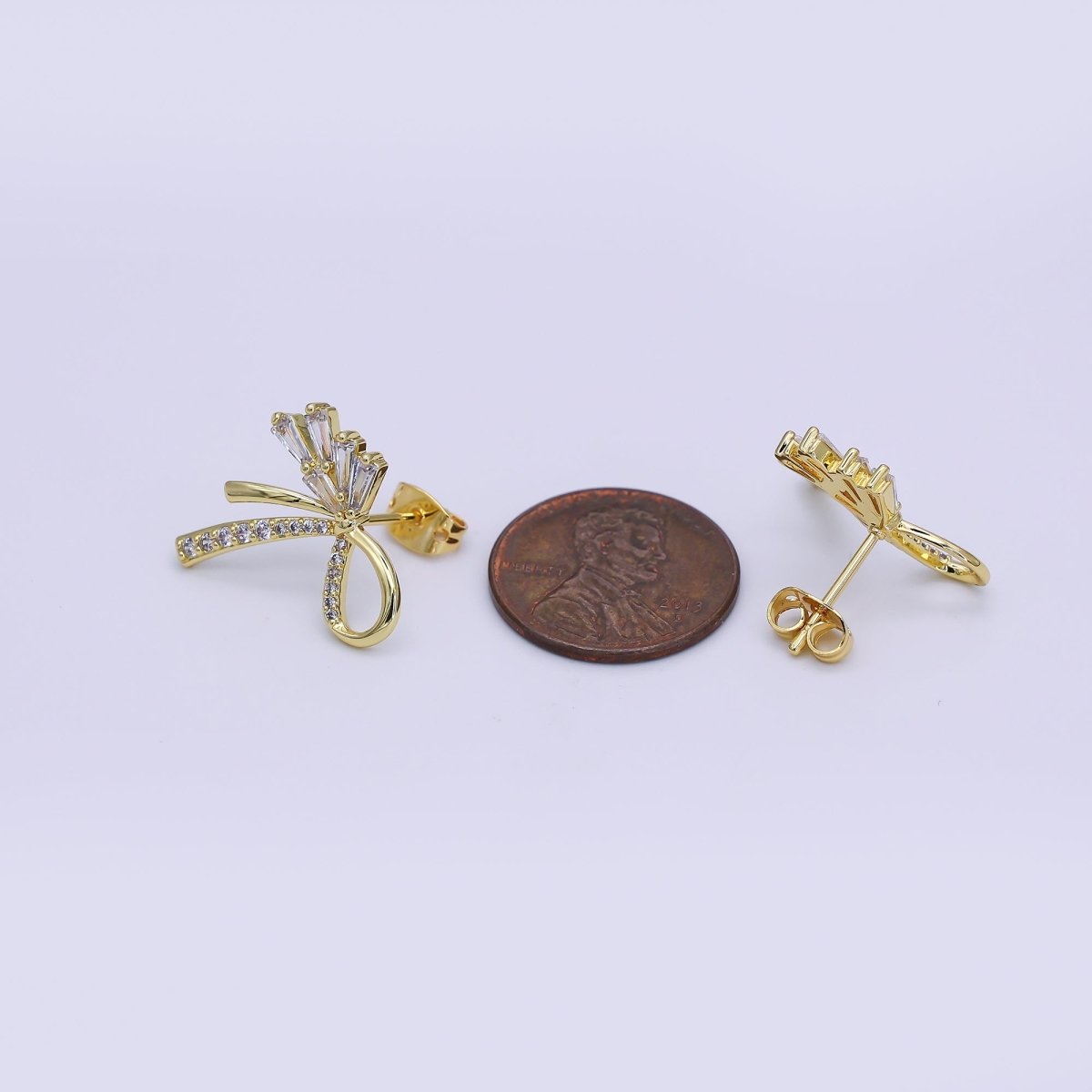 24K Gold Filled Micro Paved CZ Ribbon Bow Stud Earrings in Gold & Silver | AJ022 AJ023 - DLUXCA