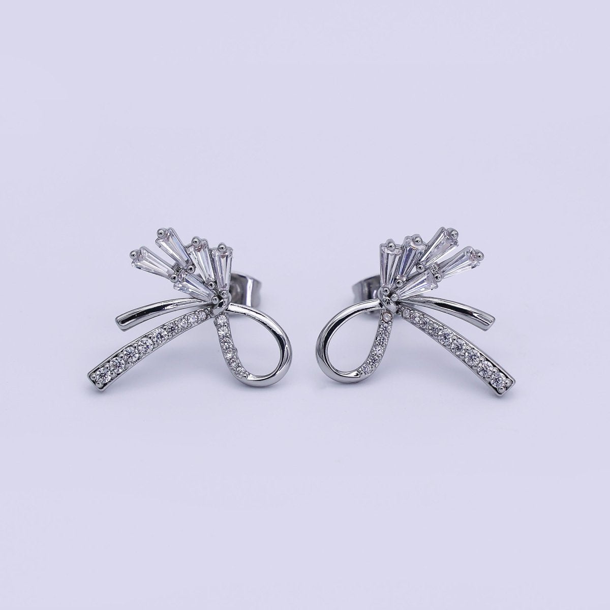 24K Gold Filled Micro Paved CZ Ribbon Bow Stud Earrings in Gold & Silver | AJ022 AJ023 - DLUXCA