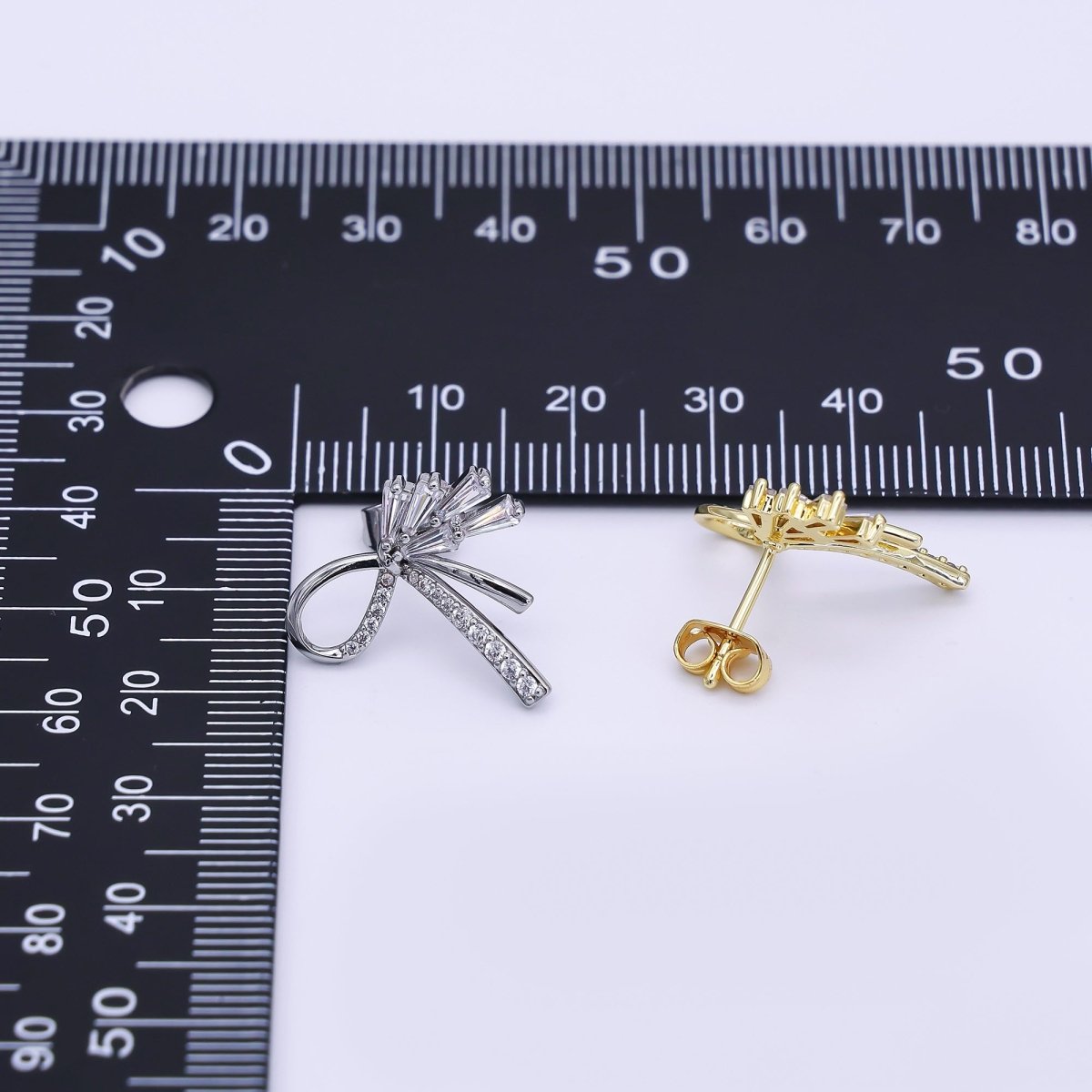 24K Gold Filled Micro Paved CZ Ribbon Bow Stud Earrings in Gold & Silver | AJ022 AJ023 - DLUXCA