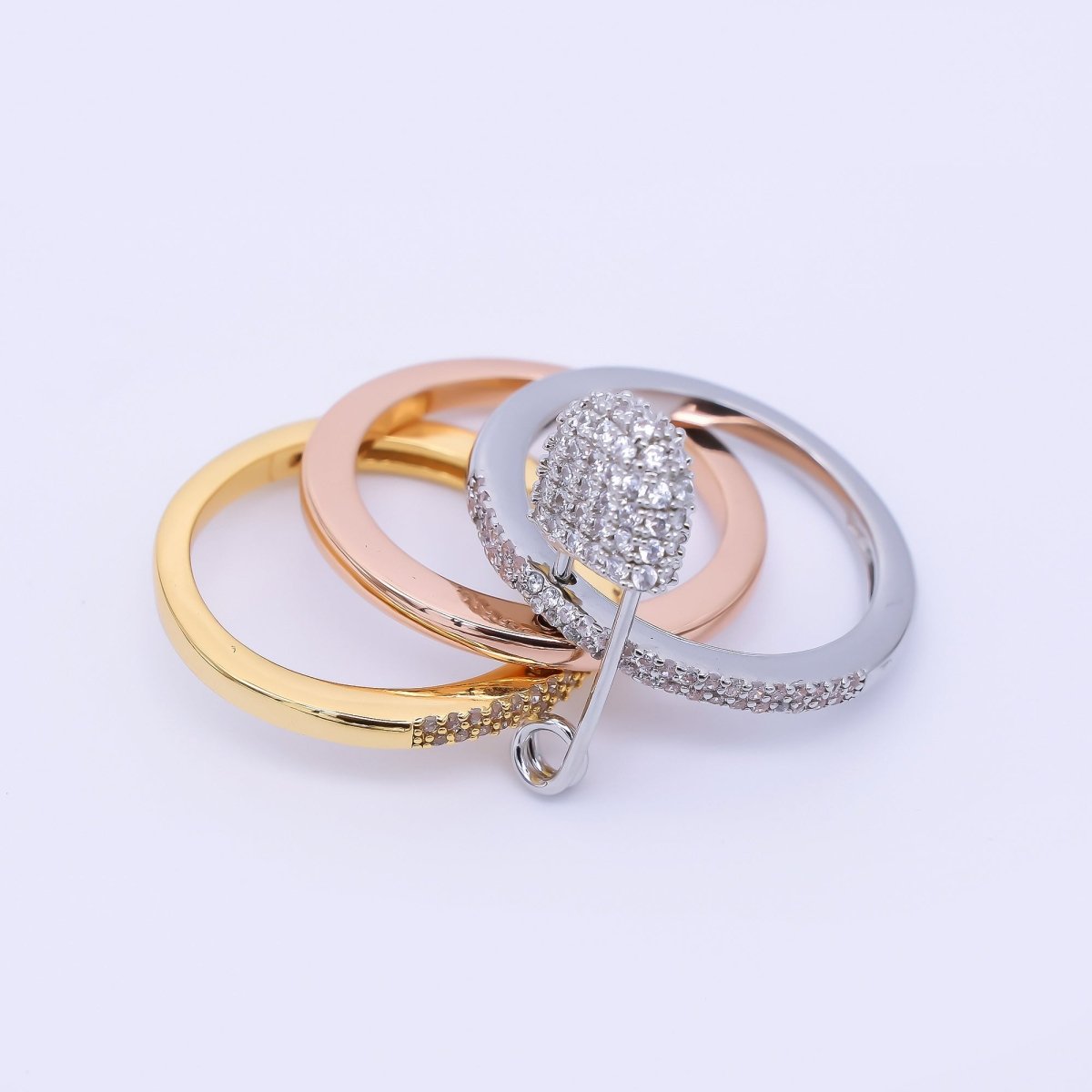 24K Gold Filled Micro Paved CZ Safety Pin Interlocked Mixed Metal Rings | O1062 - O1161 - DLUXCA