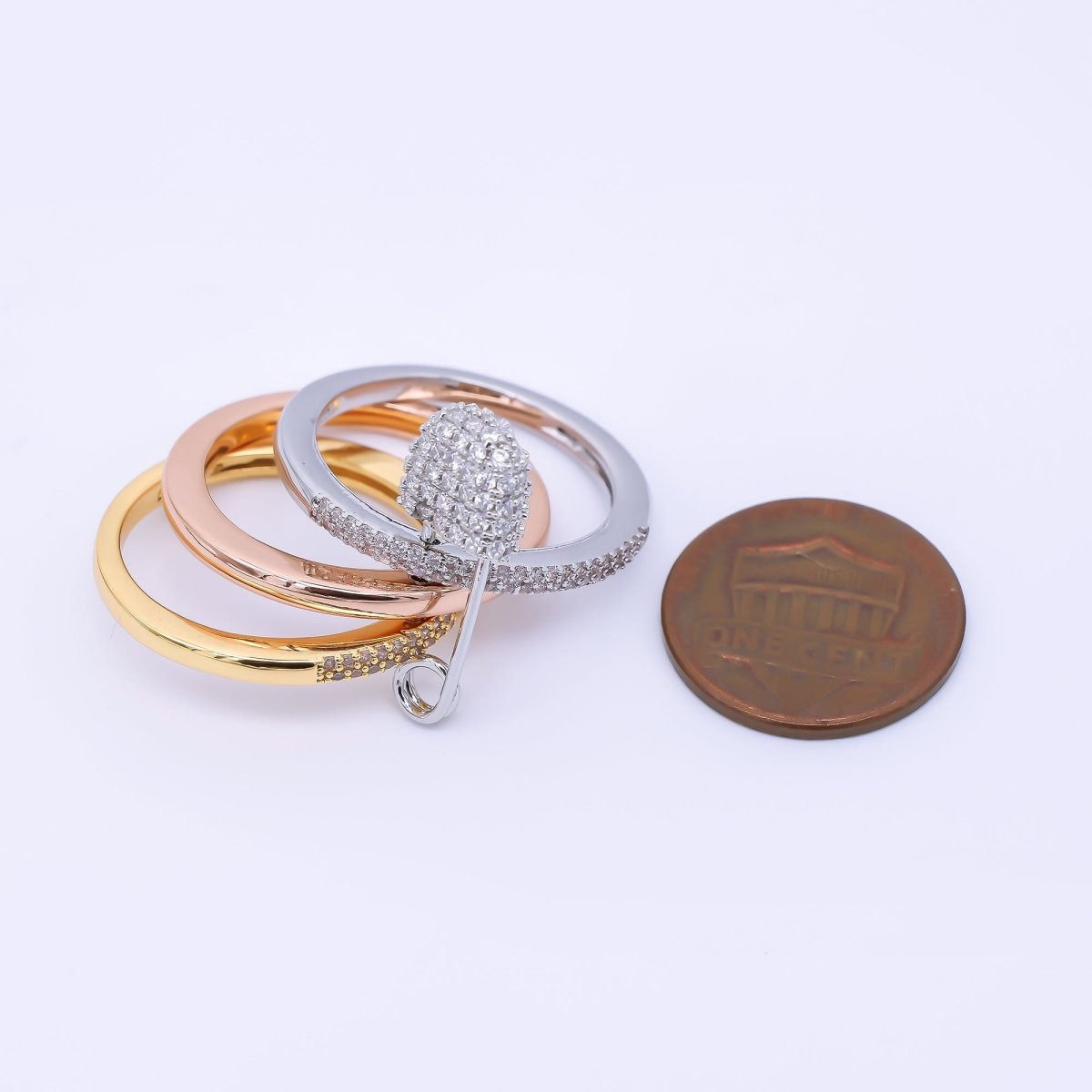 24K Gold Filled Micro Paved CZ Safety Pin Interlocked Mixed Metal Rings | O1062 - O1161 - DLUXCA
