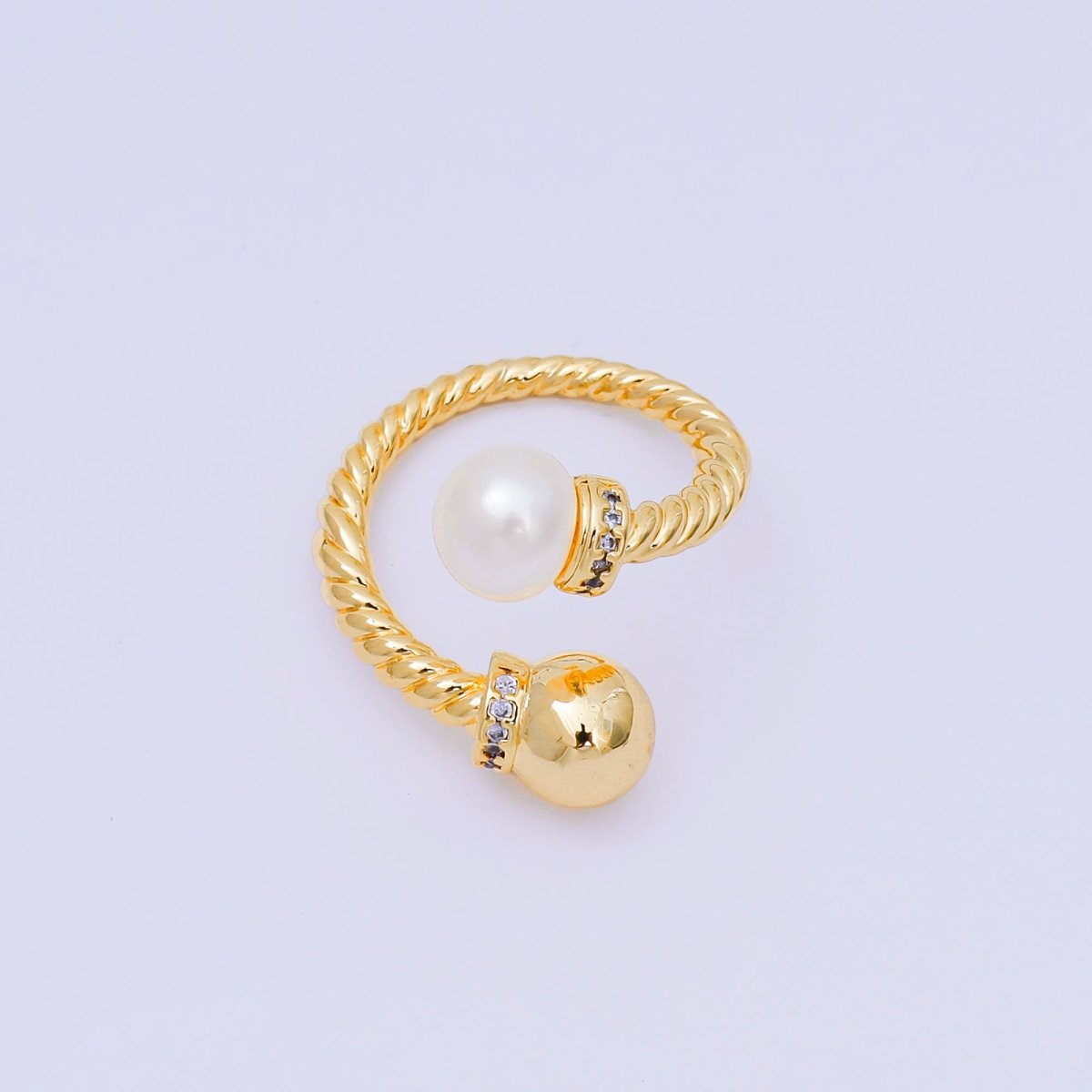 24K Gold Filled Micro Paved CZ Shell Pearl Classic Twisted Rope Promise Adjustable Ring in Gold & Silver | O - 1492 O - 1493 - DLUXCA